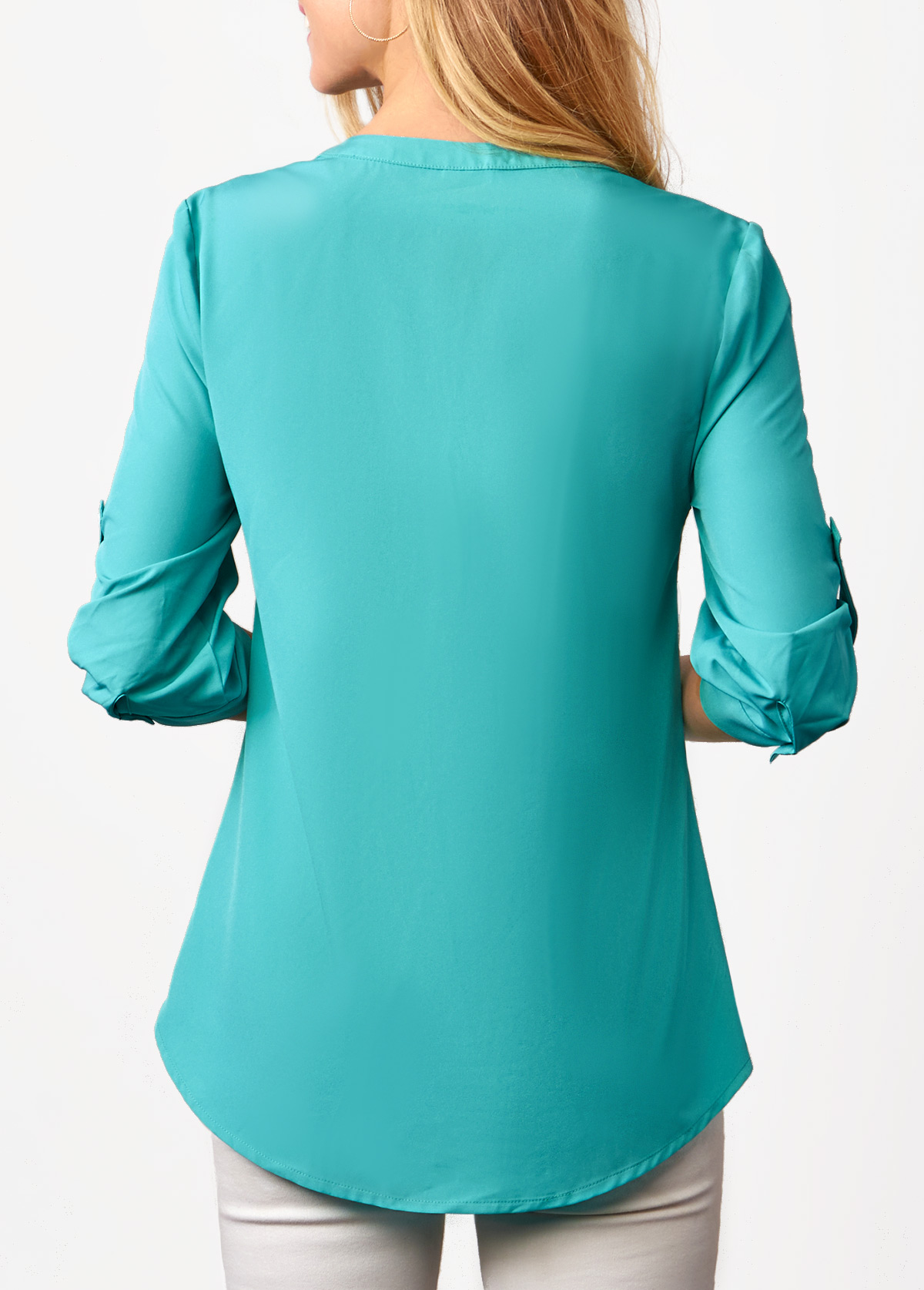 Cyan tops,Floral tops,ROTITA Embroidered Mesh Stitching Split Neck Cyan Blouse