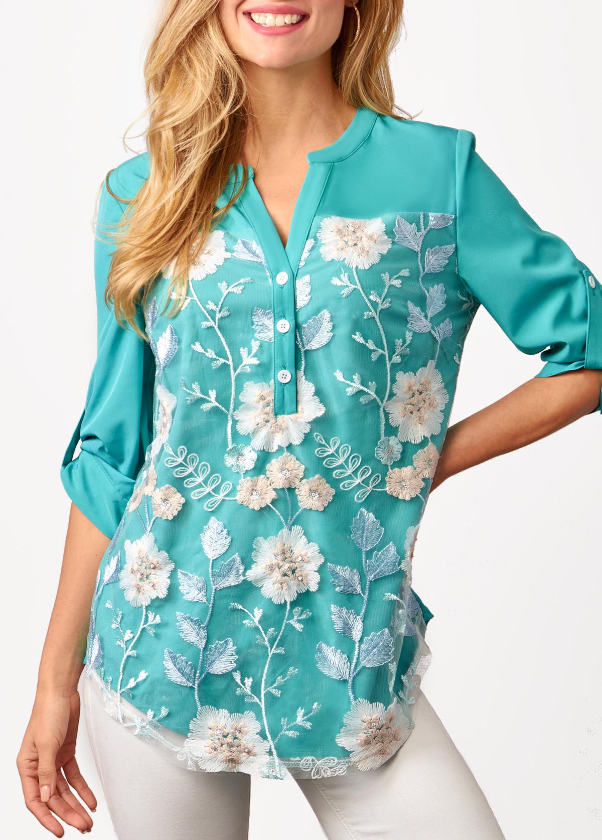 Cyan tops,Floral tops,ROTITA Embroidered Mesh Stitching Split Neck Cyan Blouse
