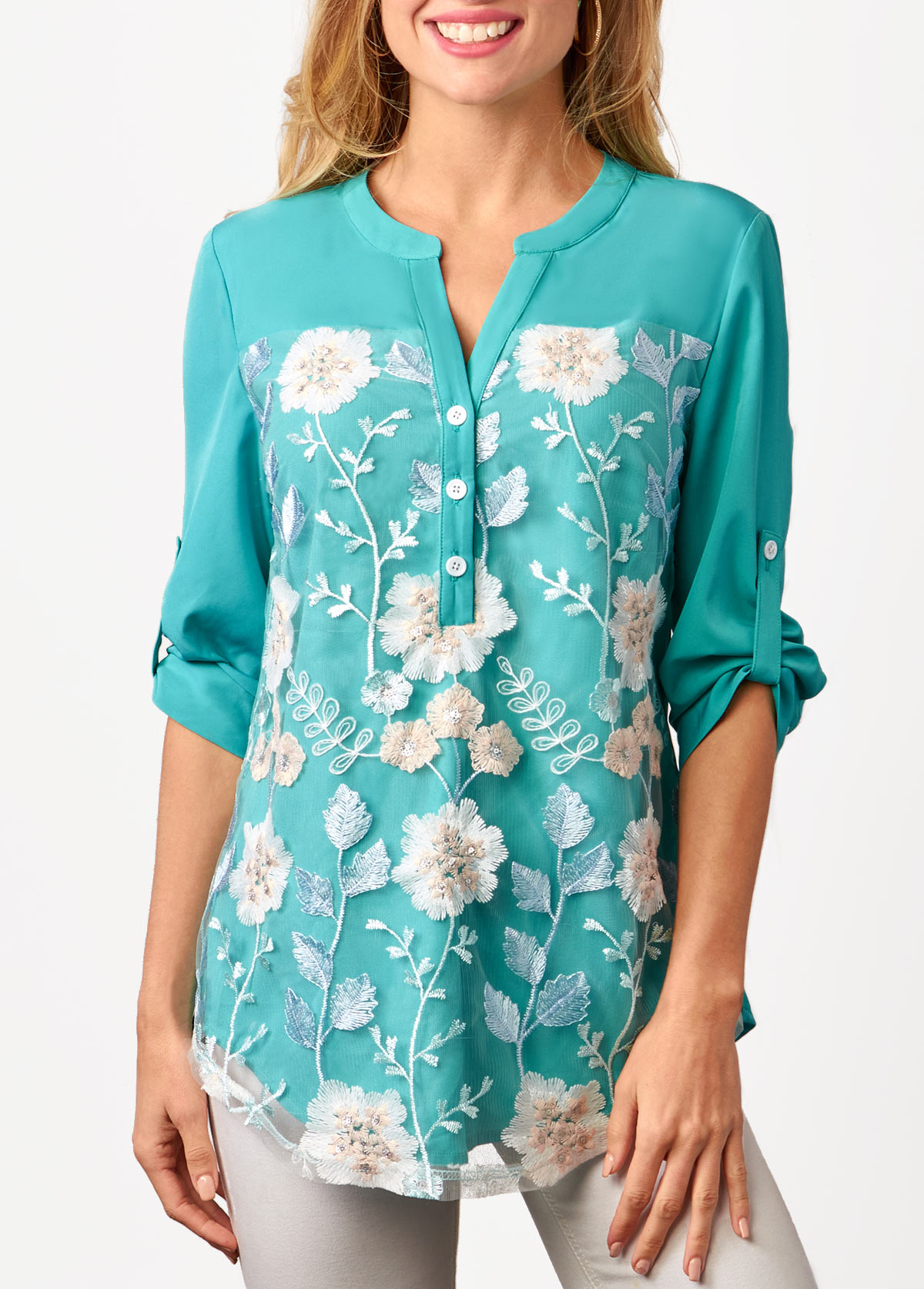 Cyan tops,Floral tops,ROTITA Embroidered Mesh Stitching Split Neck Cyan Blouse