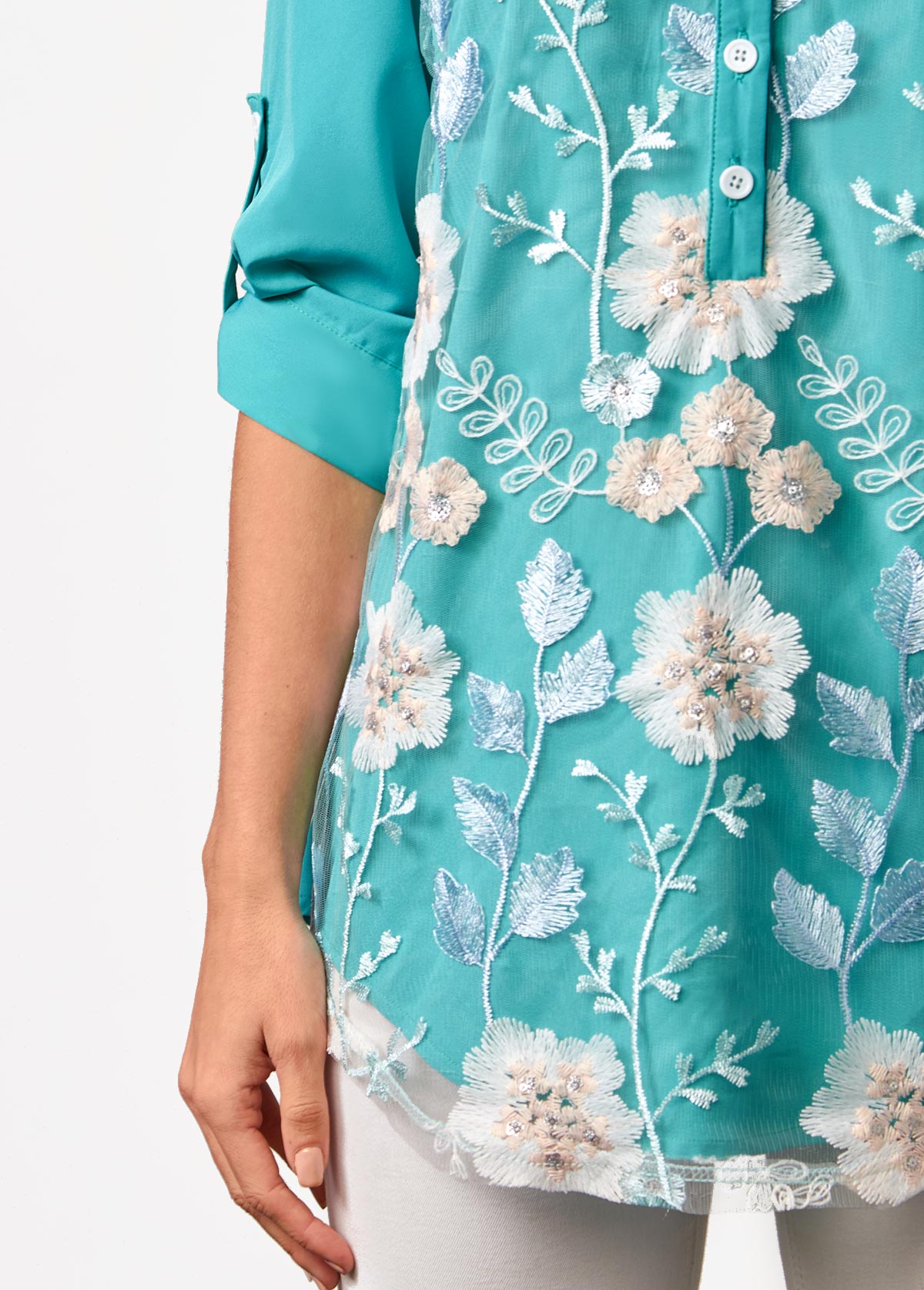Cyan tops,Floral tops,ROTITA Embroidered Mesh Stitching Split Neck Cyan Blouse