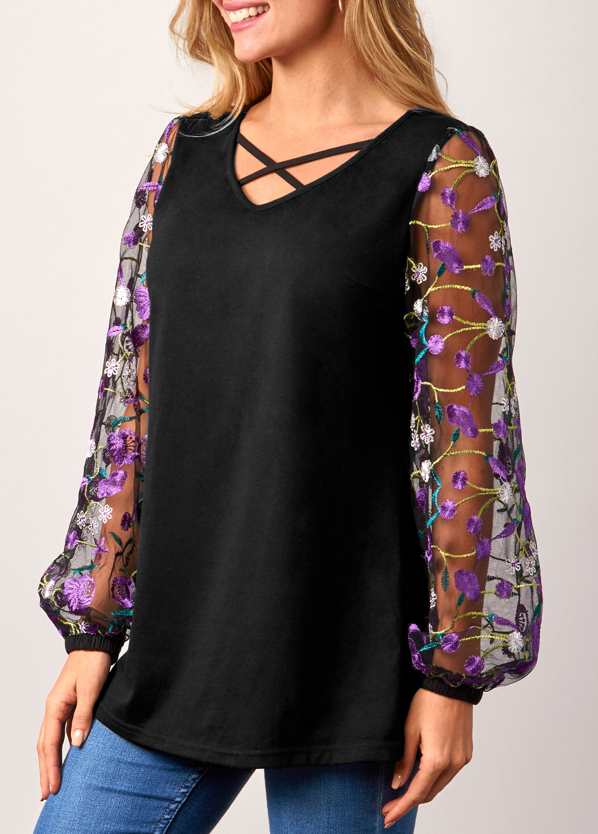 Black tops,Floral tops,ROTITA Cross Strap Mesh Embroidered Lantern Sleeve Black T Shirt
