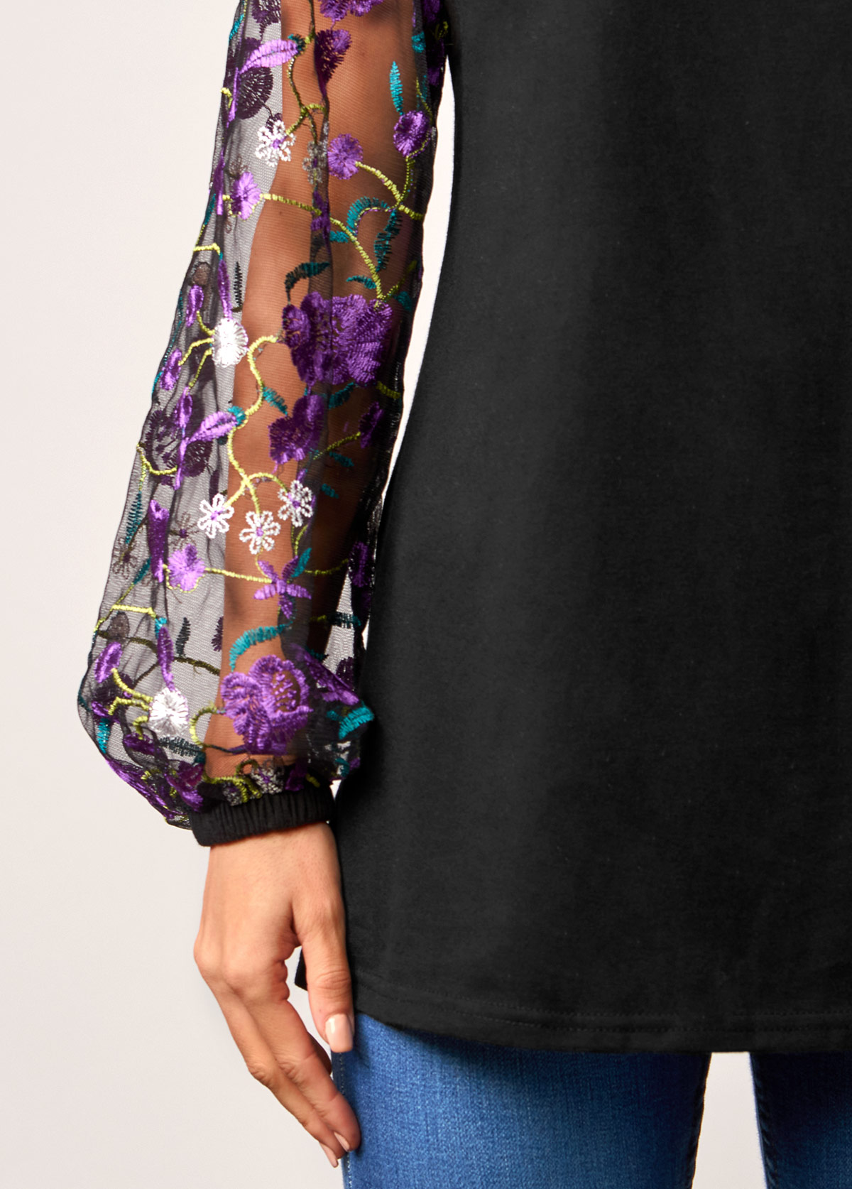 Black tops,Floral tops,ROTITA Cross Strap Mesh Embroidered Lantern Sleeve Black T Shirt