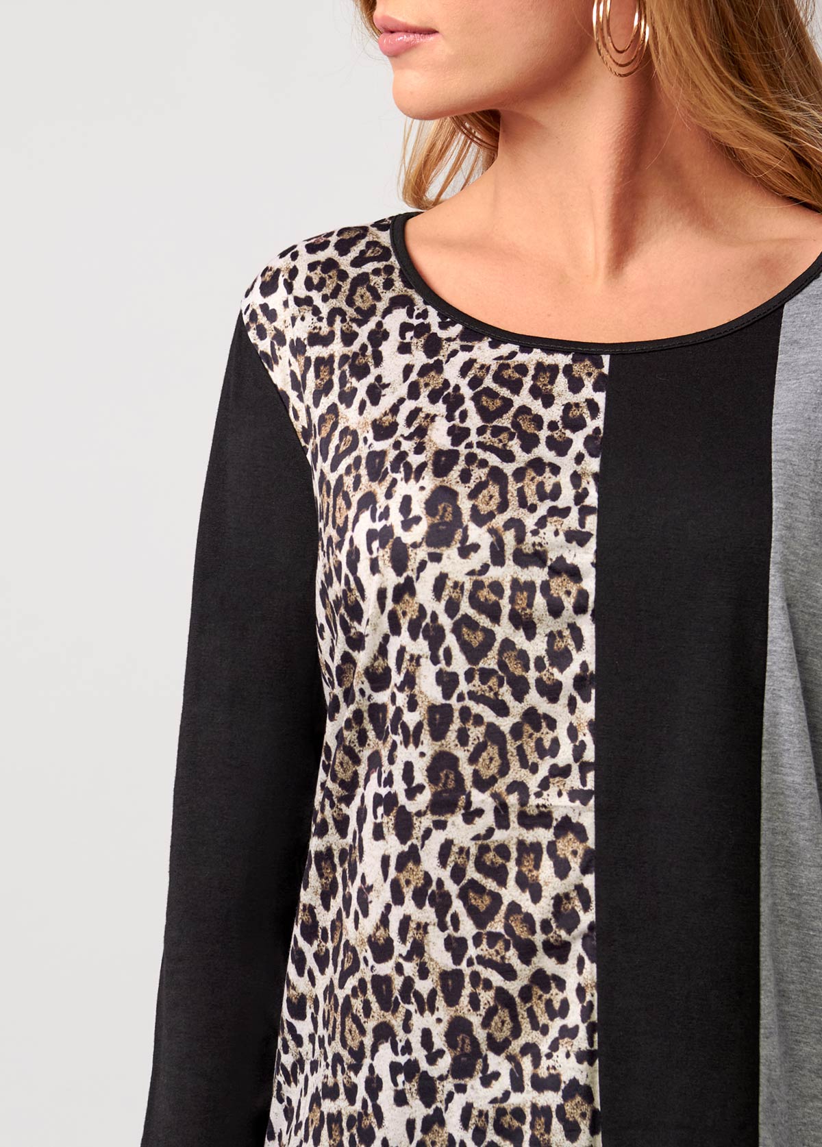 Black tops,Leopard tops,Leopard Black Round Neck Long Sleeve T Shirt