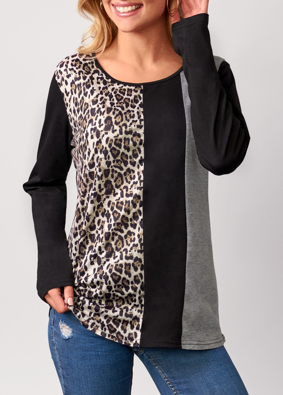 Black tops,Leopard tops,Leopard Black Round Neck Long Sleeve T Shirt