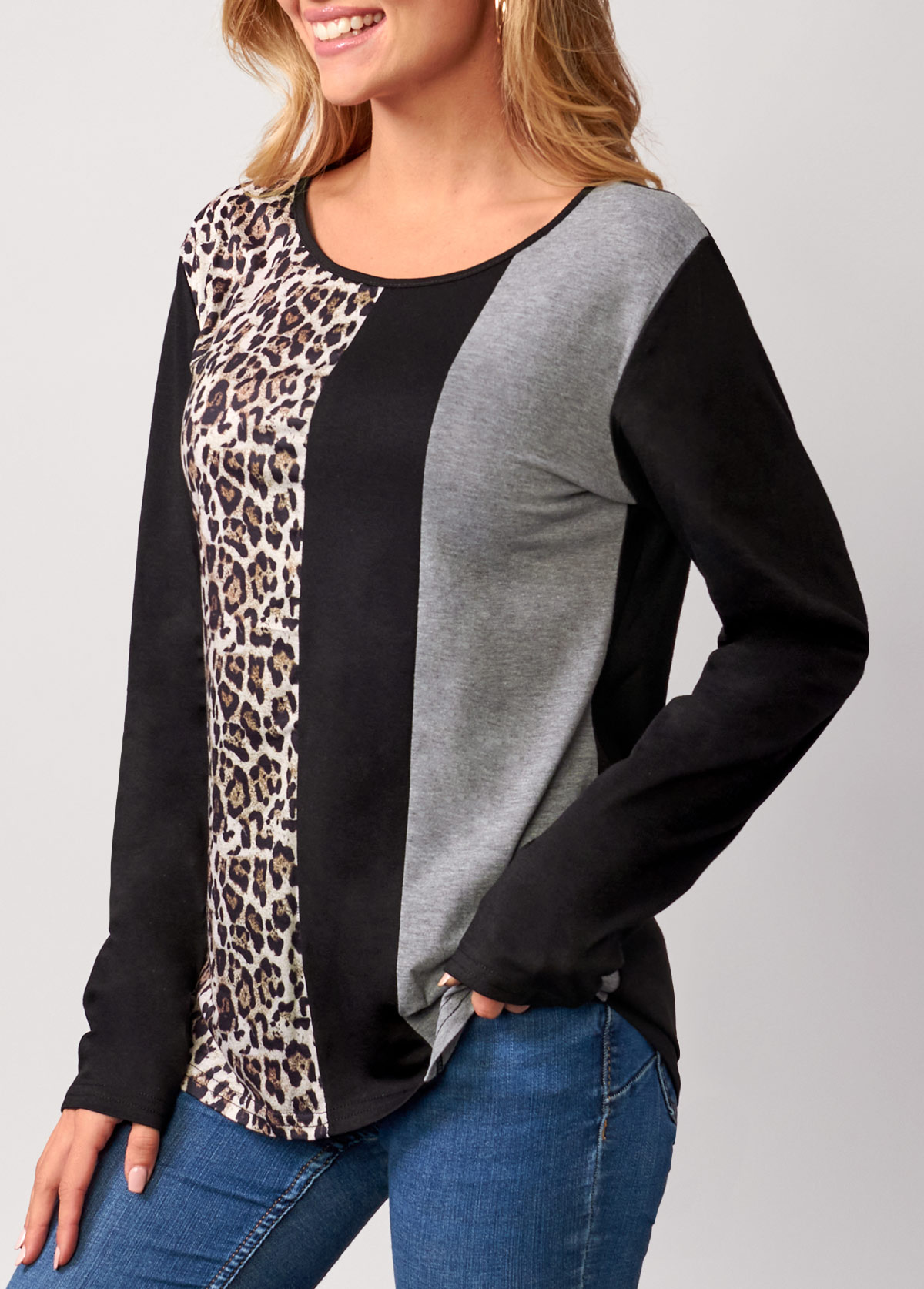 Black tops,Leopard tops,Leopard Black Round Neck Long Sleeve T Shirt