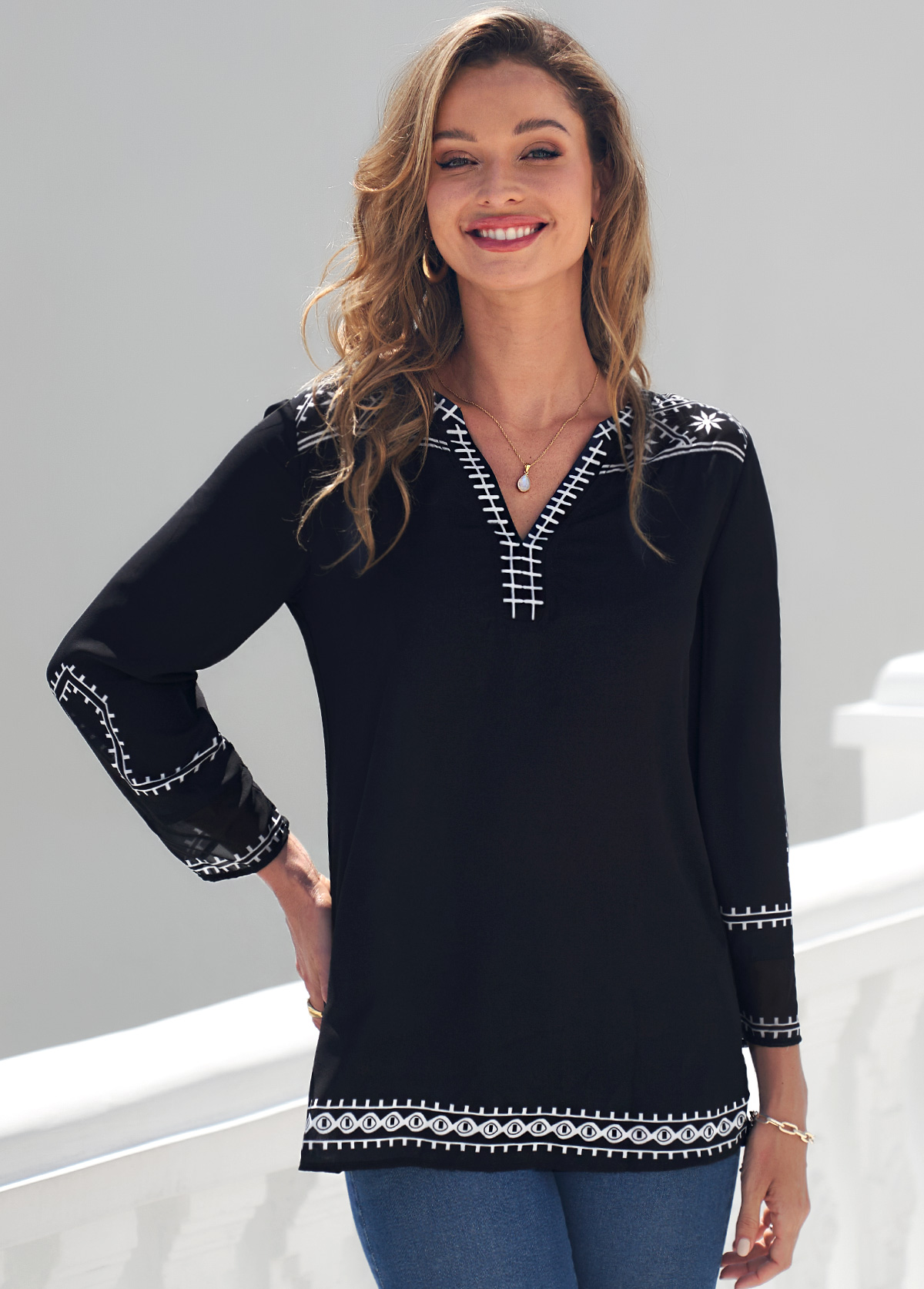 Black tops,Floral tops,ROTITA Black Printed Split Neck 3/4 Sleeve Blouse