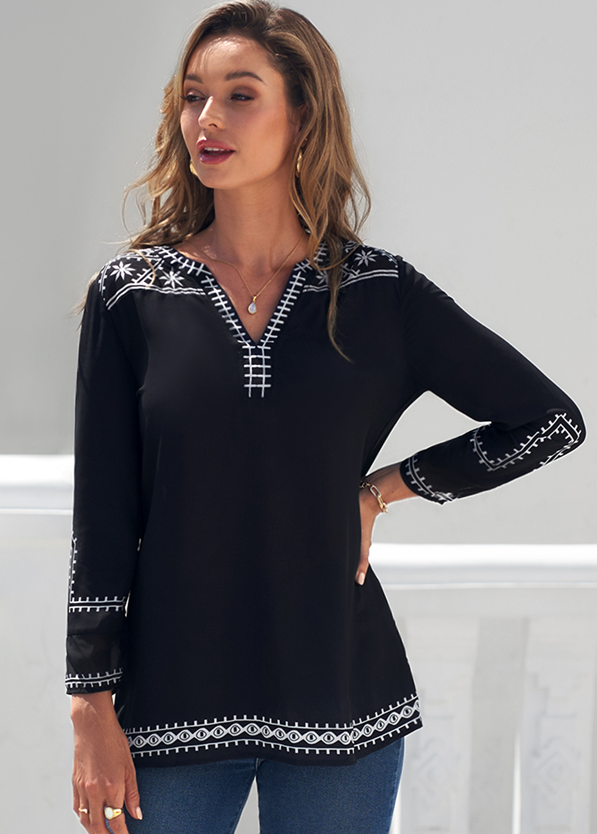 Black tops,Floral tops,ROTITA Black Printed Split Neck 3/4 Sleeve Blouse