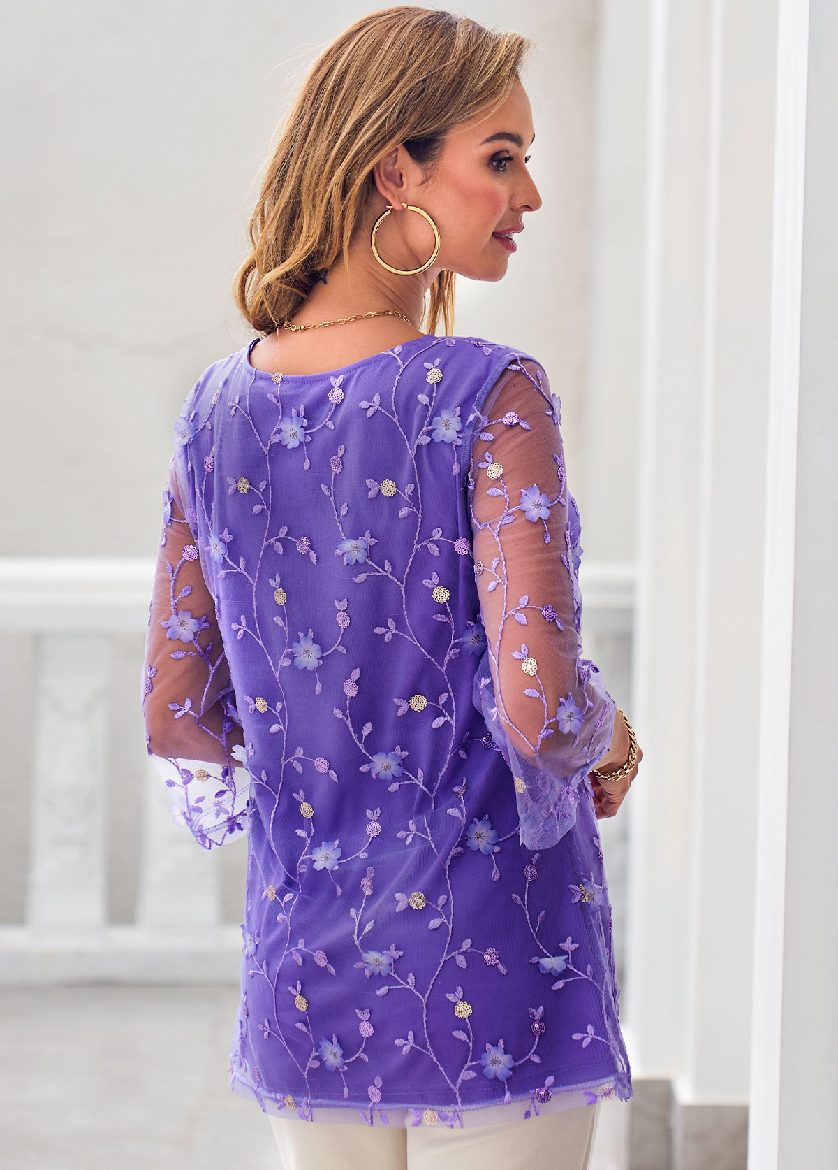 Purple tops,Plain Color tops,ROTITA Mesh Stitching Purple Embroidered 3/4 Sleeve Blouse