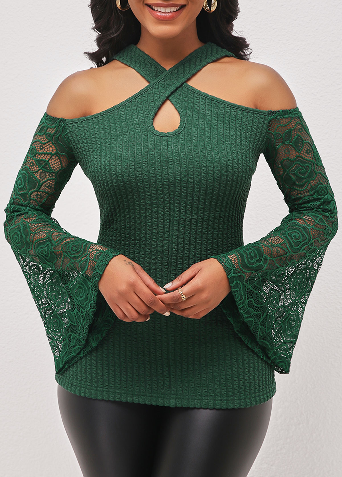 ROTITA Blackish Green Lace Stitching Cold Shoulder T Shirt