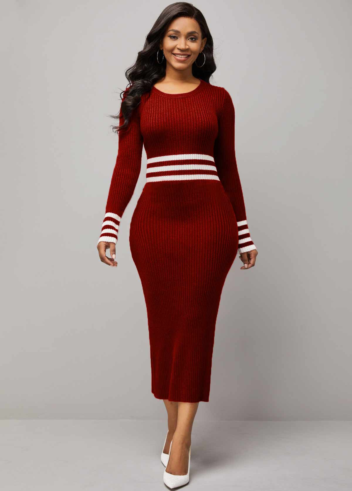 ROTITA Round Neck Red Striped Long Sleeve Sweater Dress