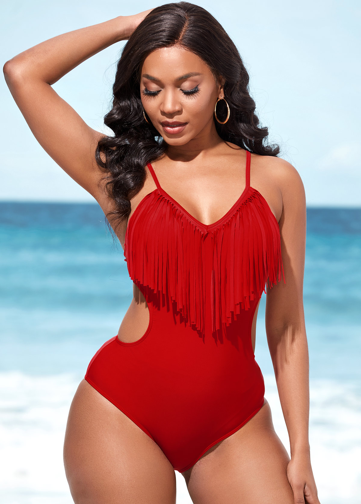Red swimwear,Plain Color swimwear,ROTITA Tassel Red Spaghetti Strap One Piece Swimwear