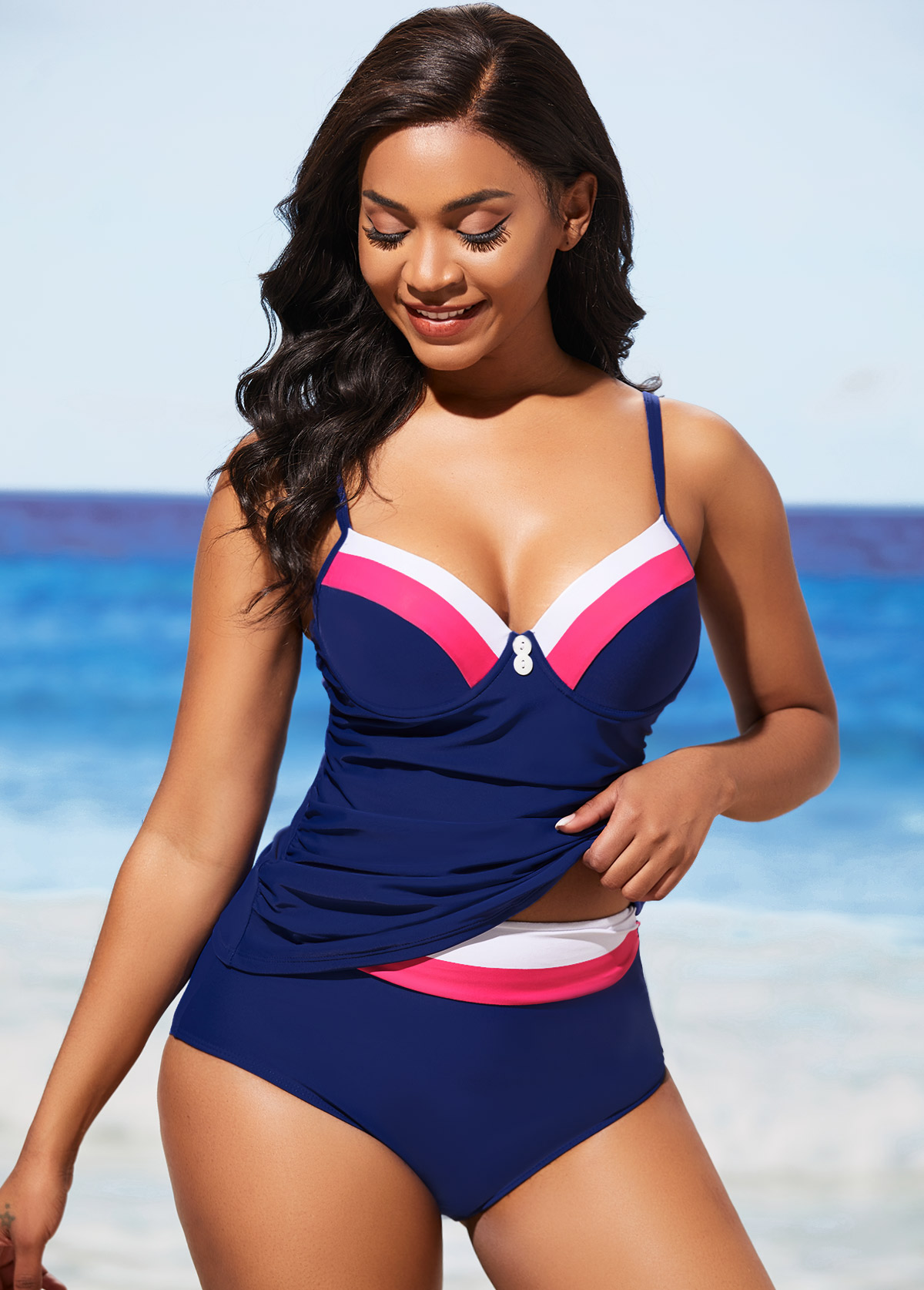 Navy swimwear,Contrast Color swimwear,ROTITA Decorative Button Contrast Stitch Navy Blue Tankini Set