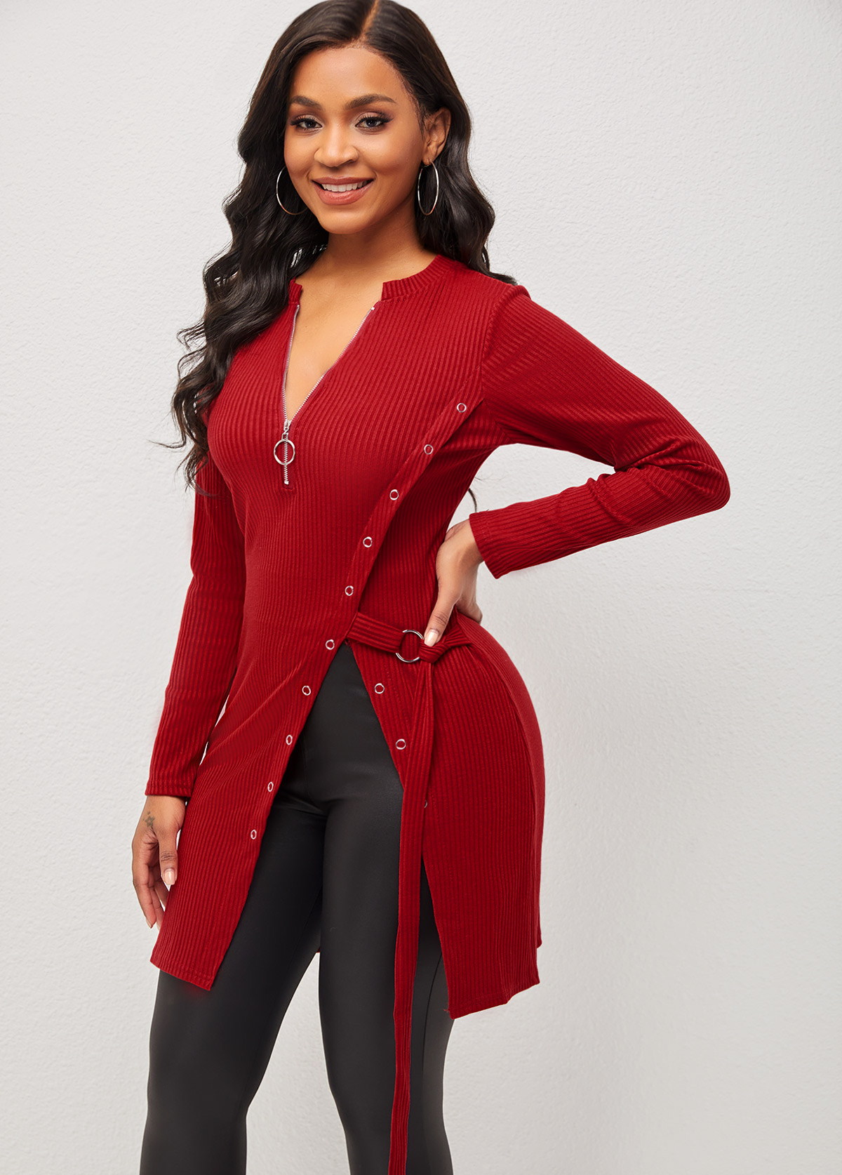Red tops,Quarter Zip Red Grommet Side Slit Blouse