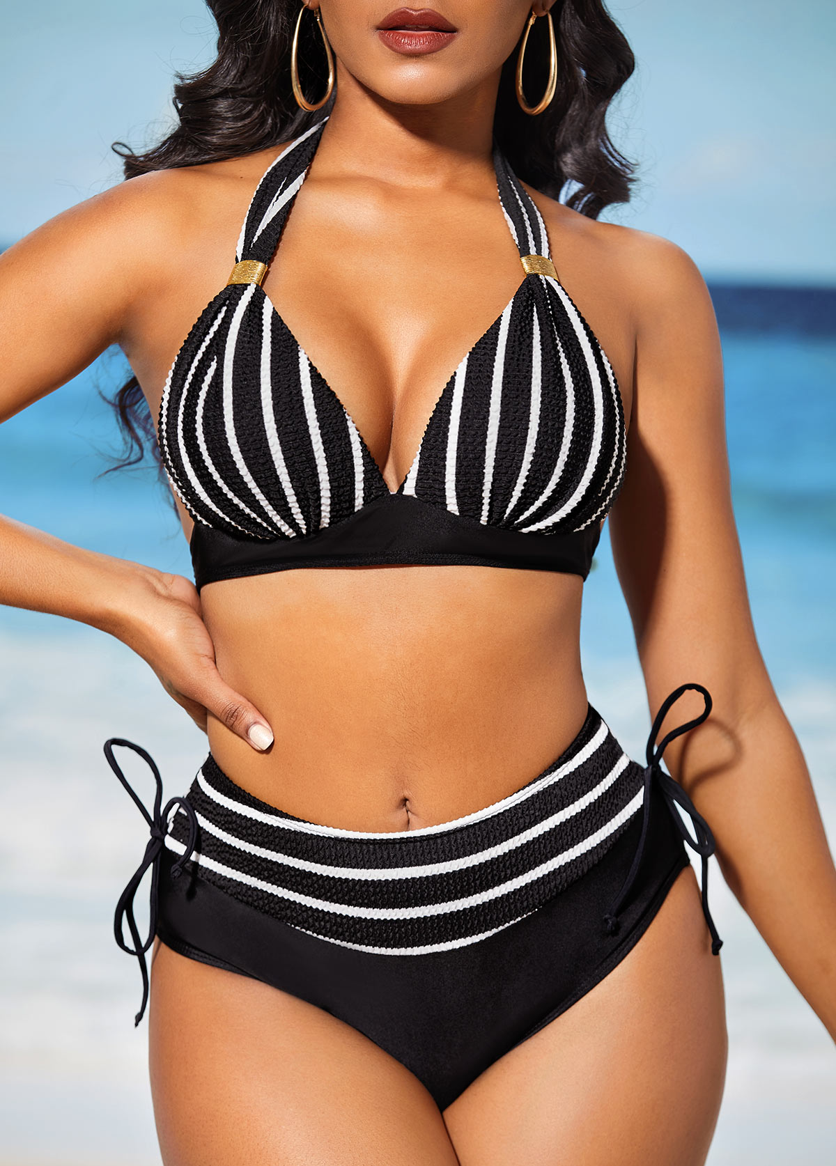 Black swimwear,Striped swimwear,ROTITA Black Tie Back Stripe Print Bikini Set