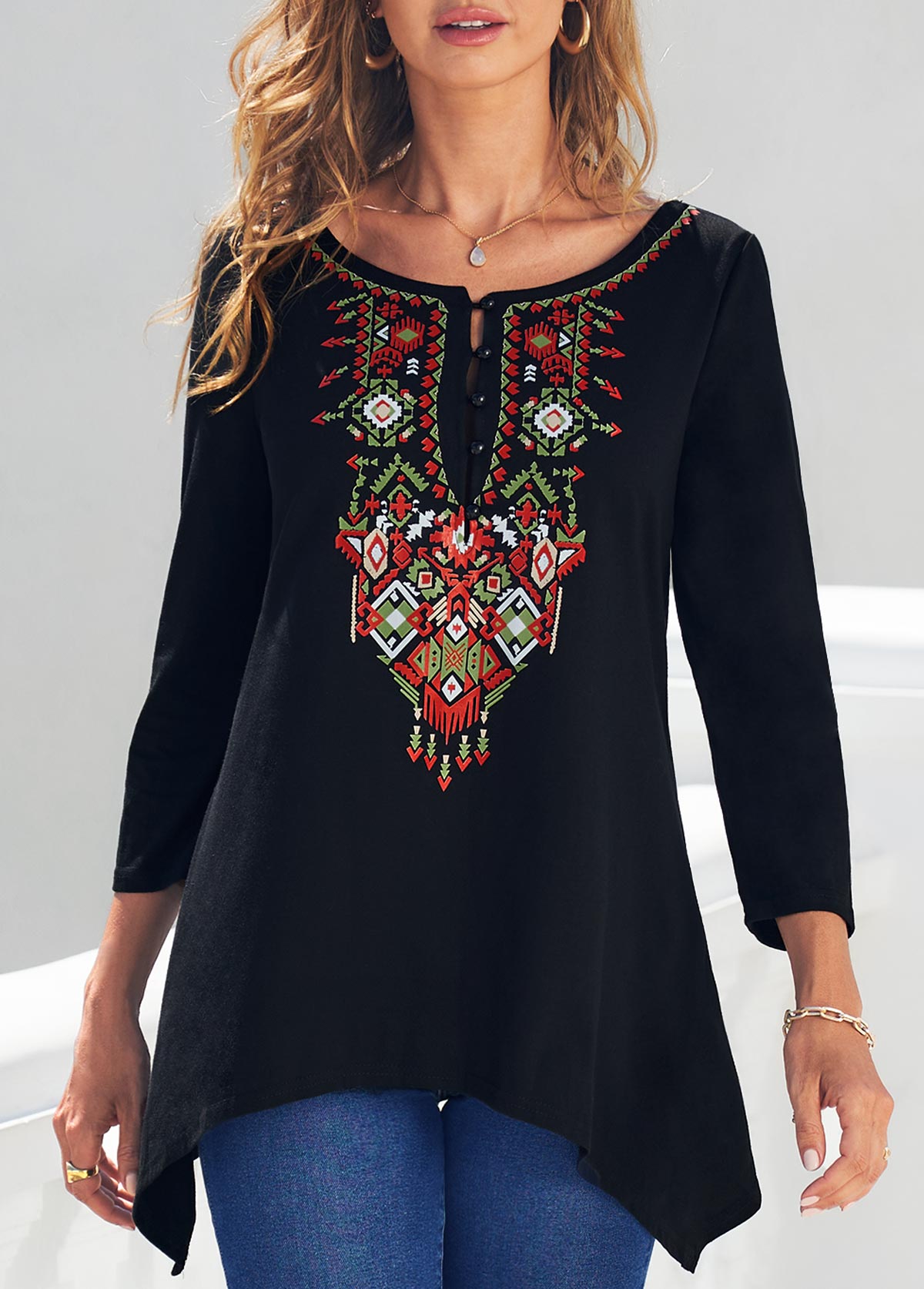 ROTITA Black Tribal Print Asymmetric Hem T Shirt