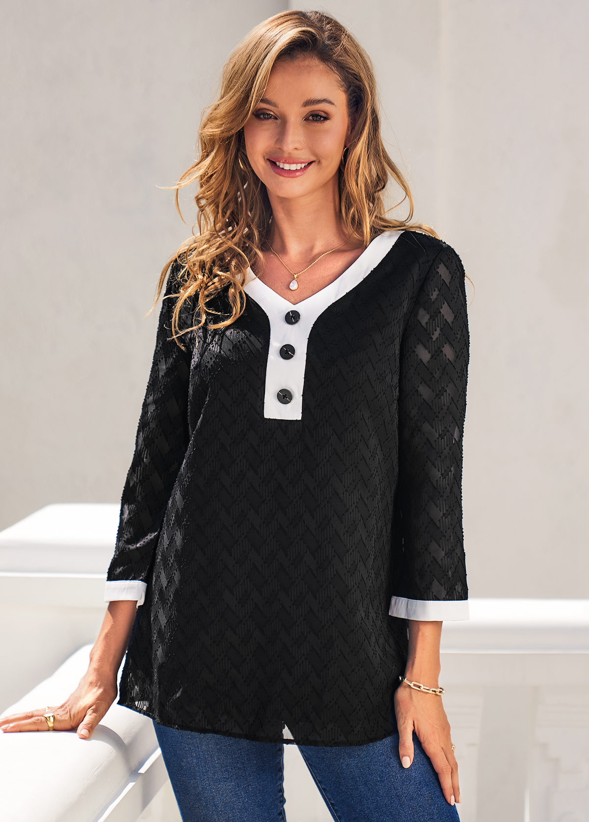 Black tops,Contrast Color tops,ROTITA Decorative Button Color Block 3/4 Sleeve Blouse