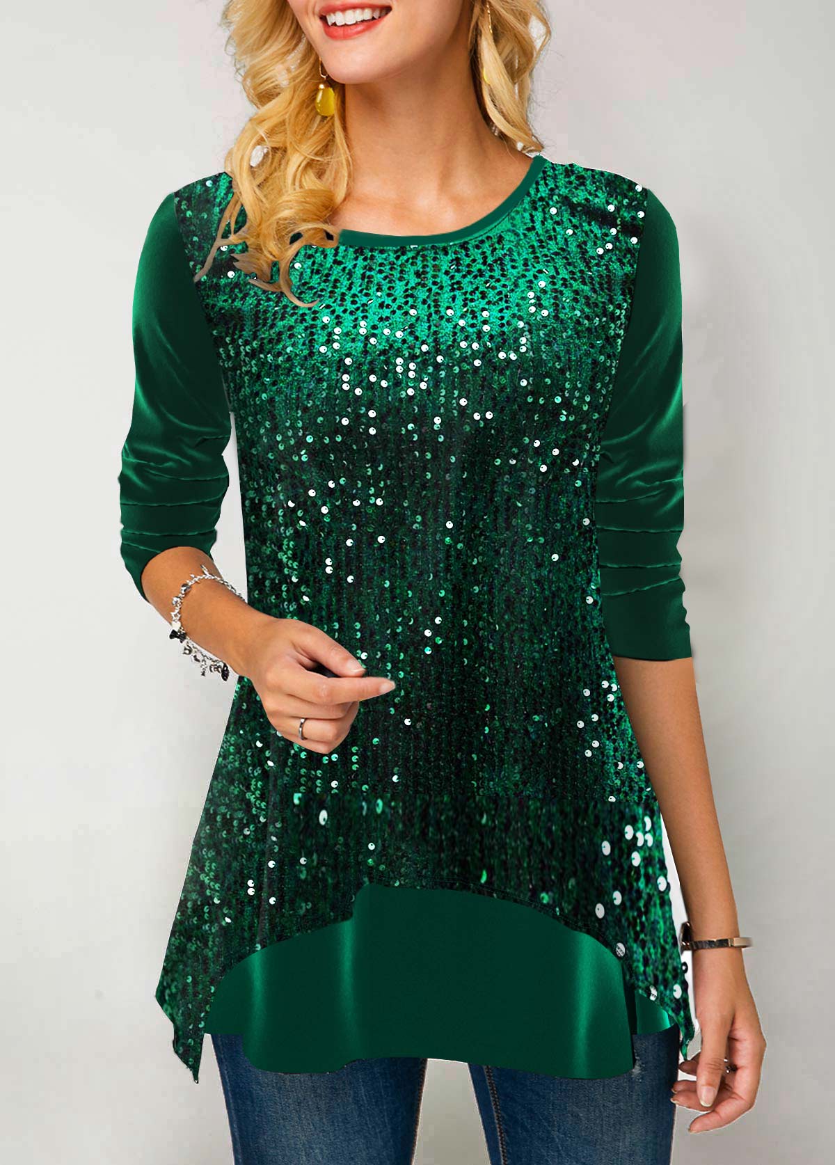 Green tops,Plain Color tops,ROTITA Sequin Green Velvet Stitching Round Neck Sweatshirt