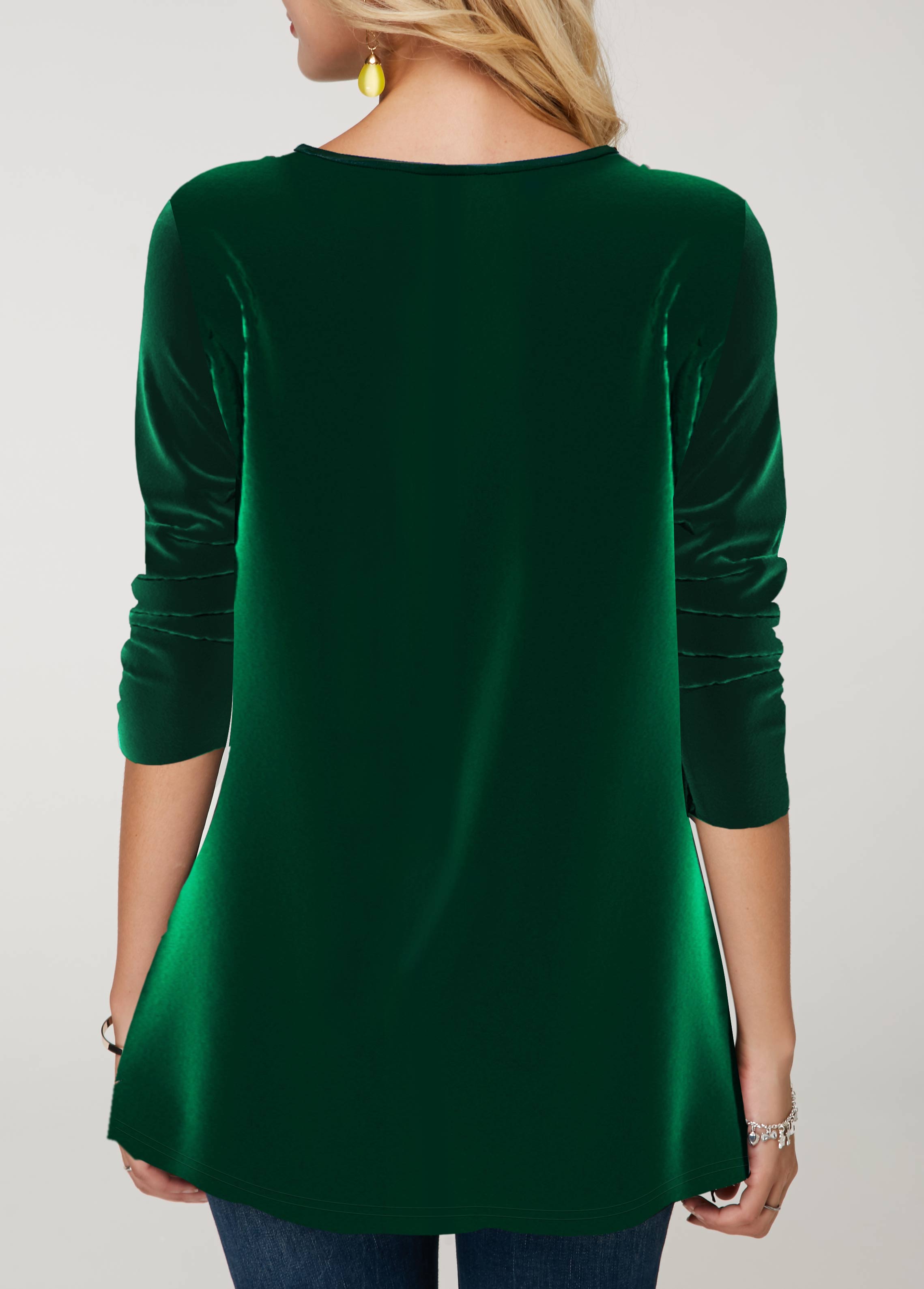 Green tops,Plain Color tops,ROTITA Sequin Green Velvet Stitching Round Neck Sweatshirt