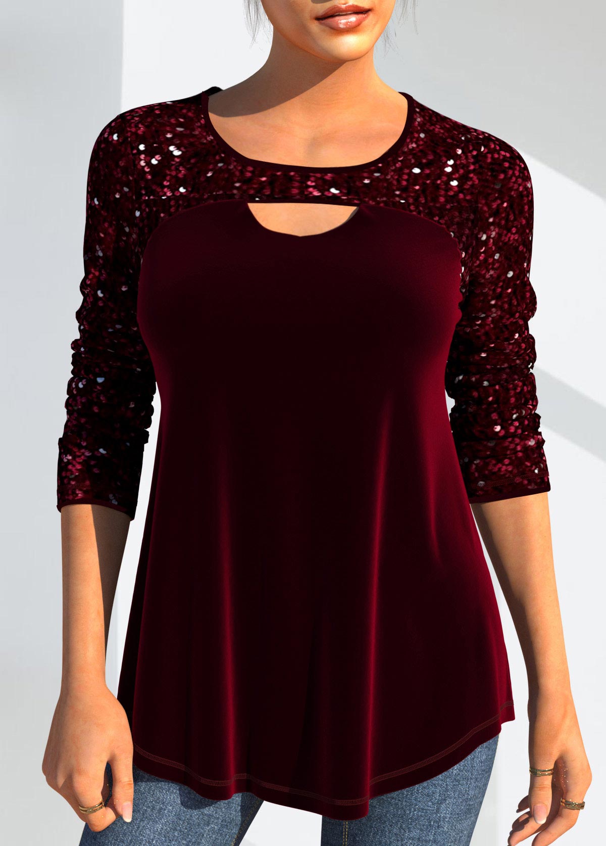 ROTITA Christmas Design Sequin Velvet Stitching Wine Red T Shirt