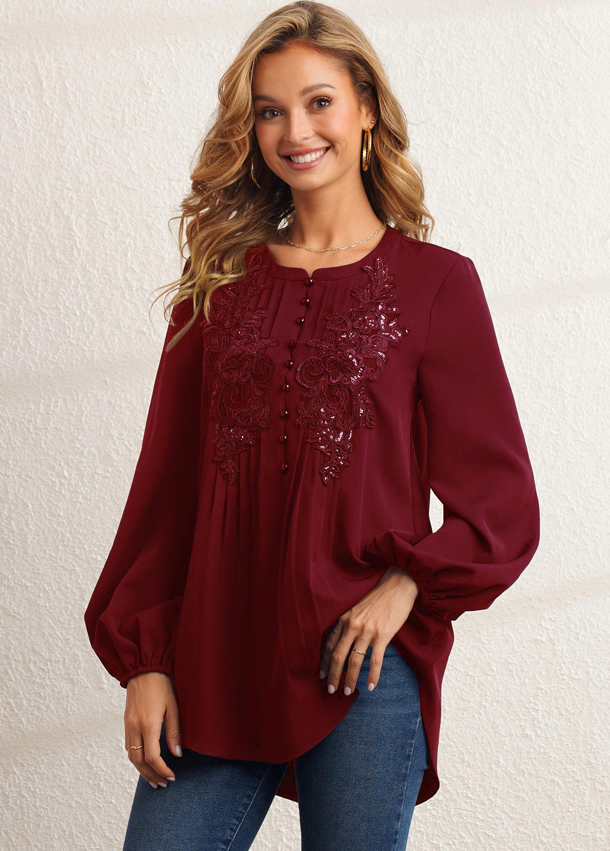 Wine Red tops,Plain Color tops,ROTITA Sequin Wine Red Crinkle Chest Blouse