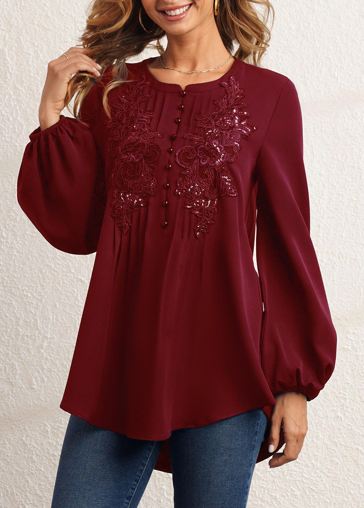 Wine Red tops,Plain Color tops,ROTITA Sequin Wine Red Crinkle Chest Blouse