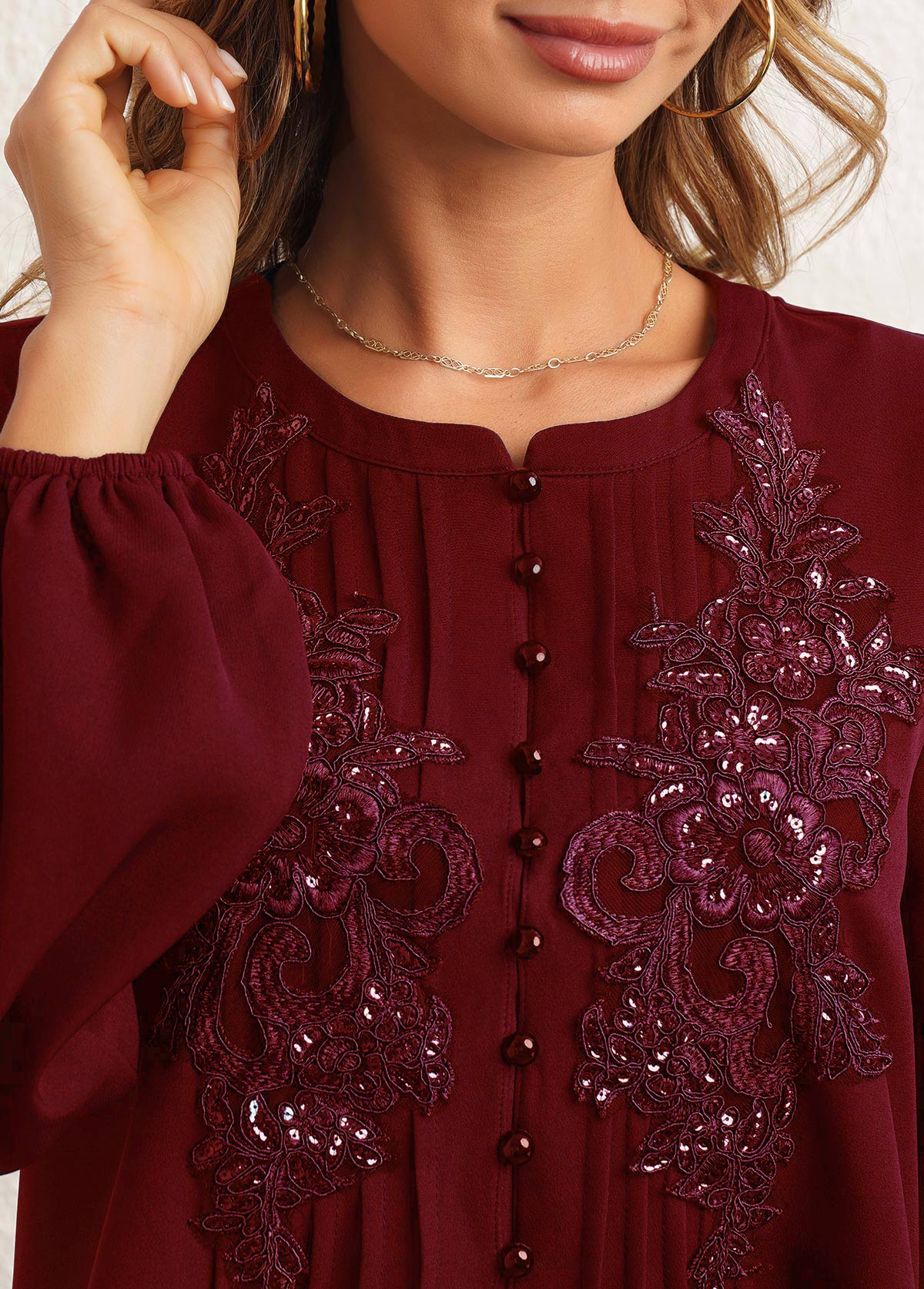 Wine Red tops,Plain Color tops,ROTITA Sequin Wine Red Crinkle Chest Blouse