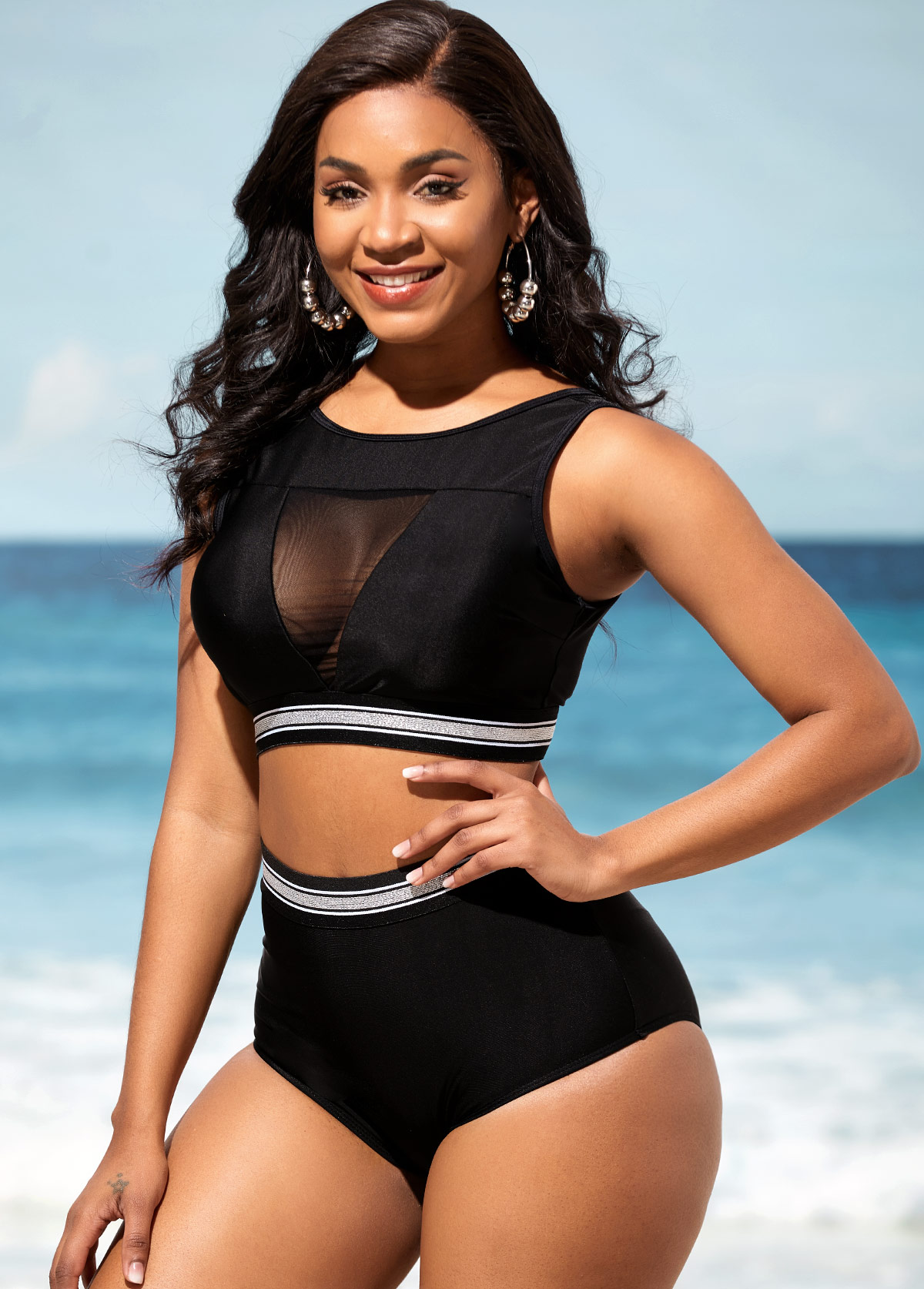 Black swimwear,Contrast Color swimwear,ROTITA High Waisted Mesh Stitching Black Bikini Set