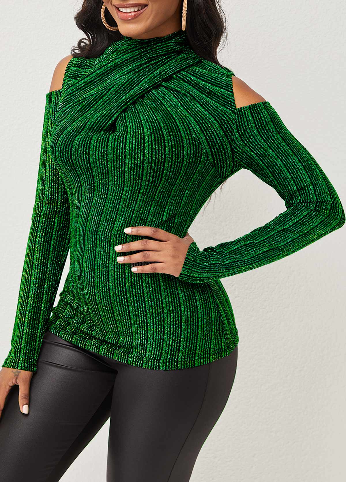 Blackish Green tops,Plain Color tops,ROTITA Cold Shoulder Dark Green Glitter Fabric T Shirt