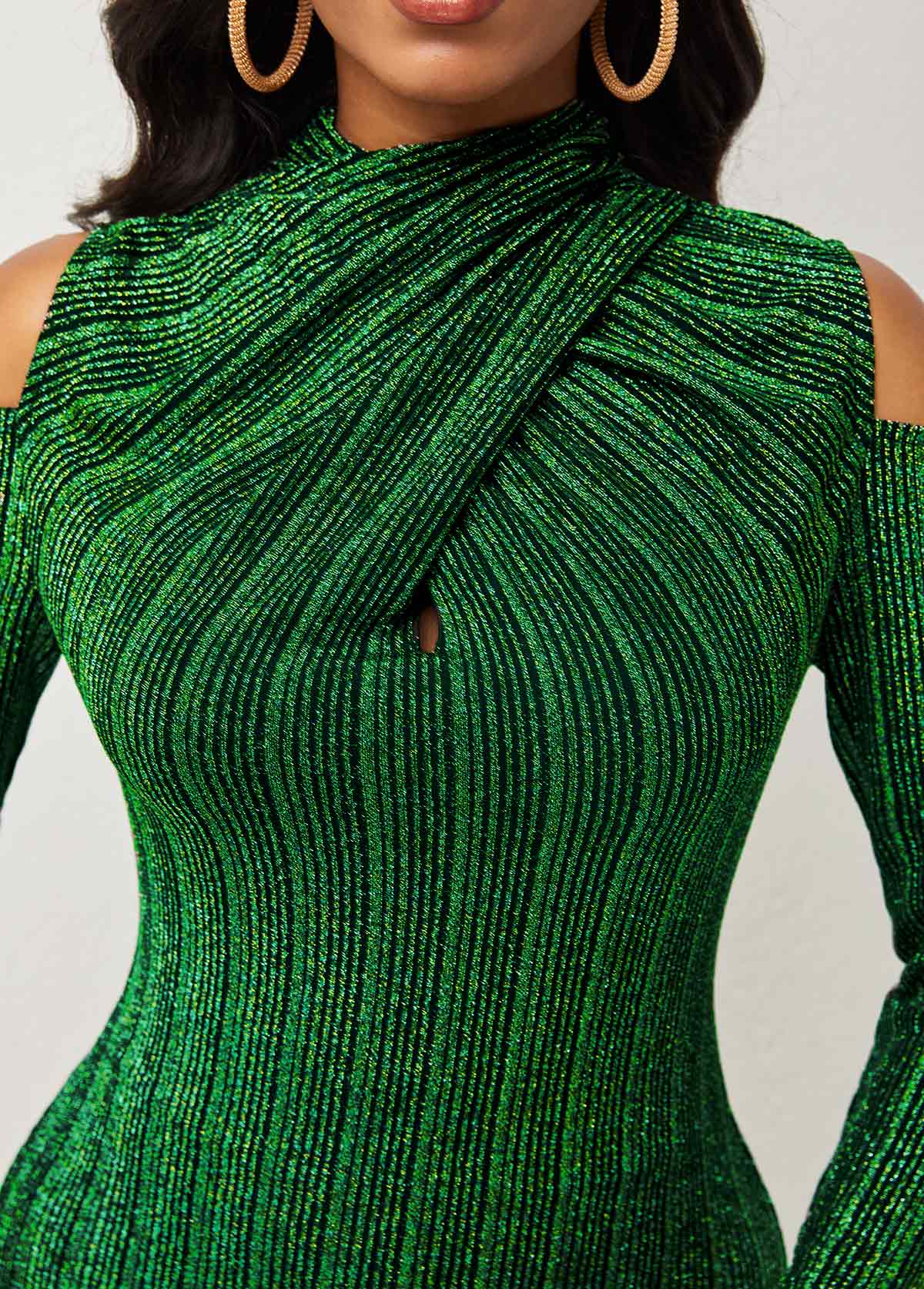 Blackish Green tops,Plain Color tops,ROTITA Cold Shoulder Dark Green Glitter Fabric T Shirt