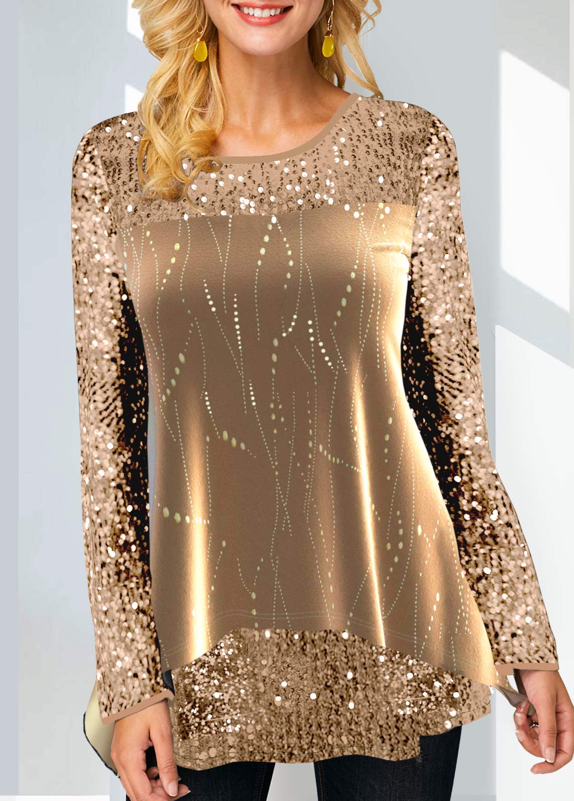 Gold plus size,Plain Color plus size,ROTITA Plus Size Sequin Hot Stamping Gold Sweatshirt