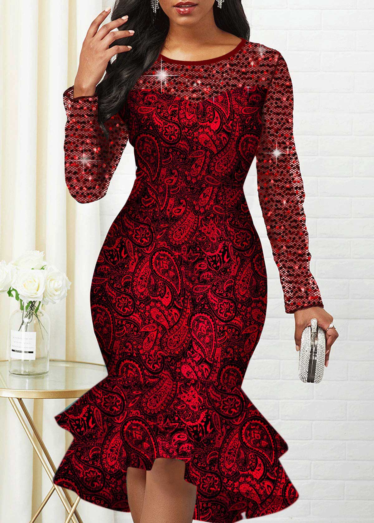 ROTITA Sequin Red Paisley Print Glitter Mermaid Dress