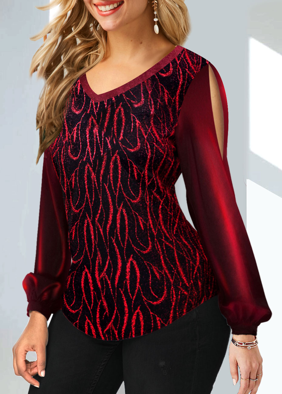 Wine Red tops,Floral tops,ROTITA Wine Red Velvet Stitching Hot Stamping Sweatshirt
