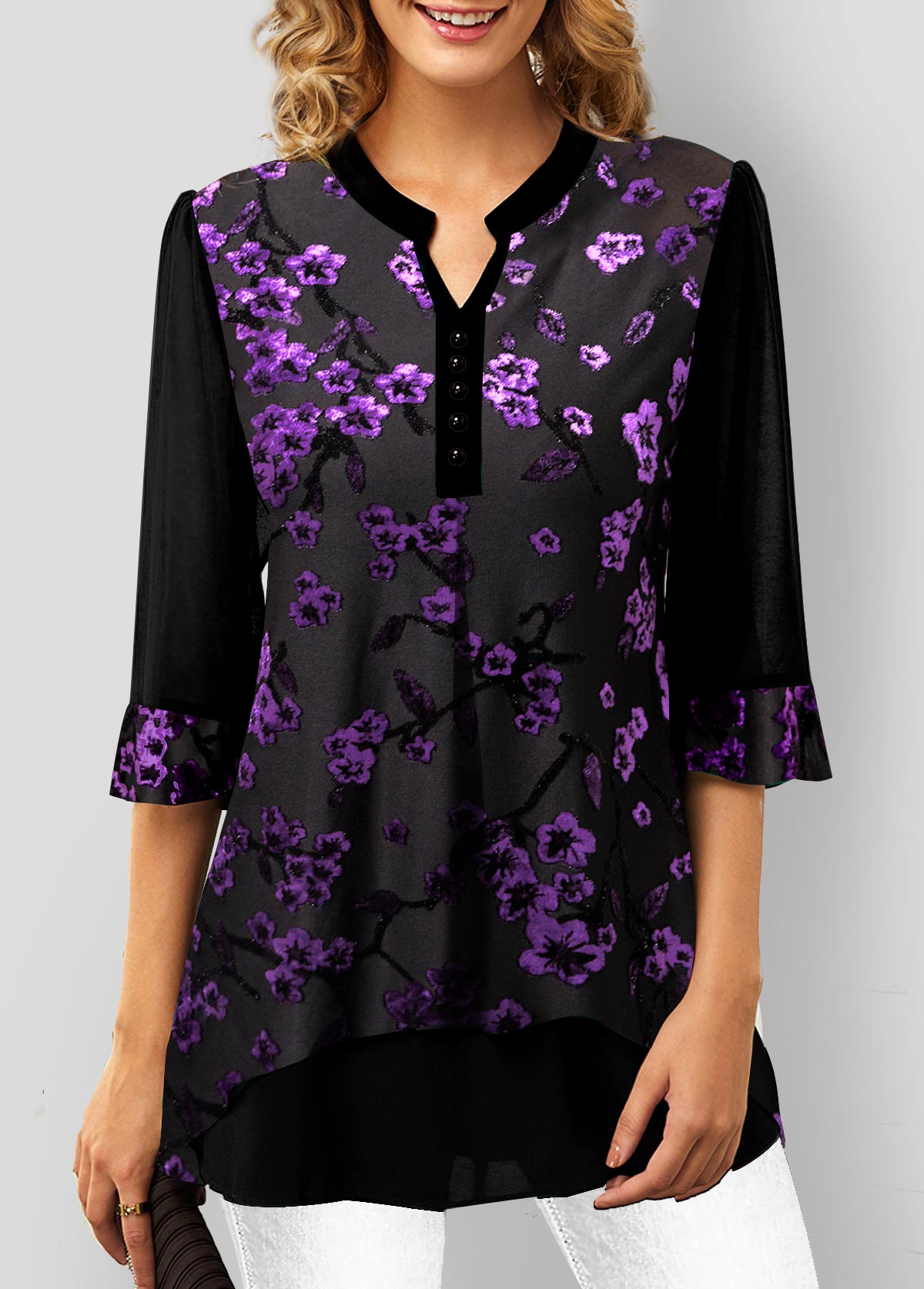 Purple tops,Floral tops,ROTITA Purple Velvet Stitching Split Neck Blouse