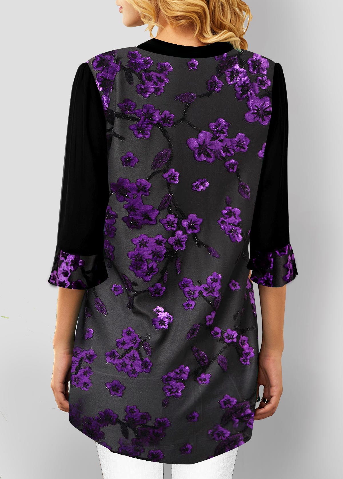 Purple tops,Floral tops,ROTITA Purple Velvet Stitching Split Neck Blouse