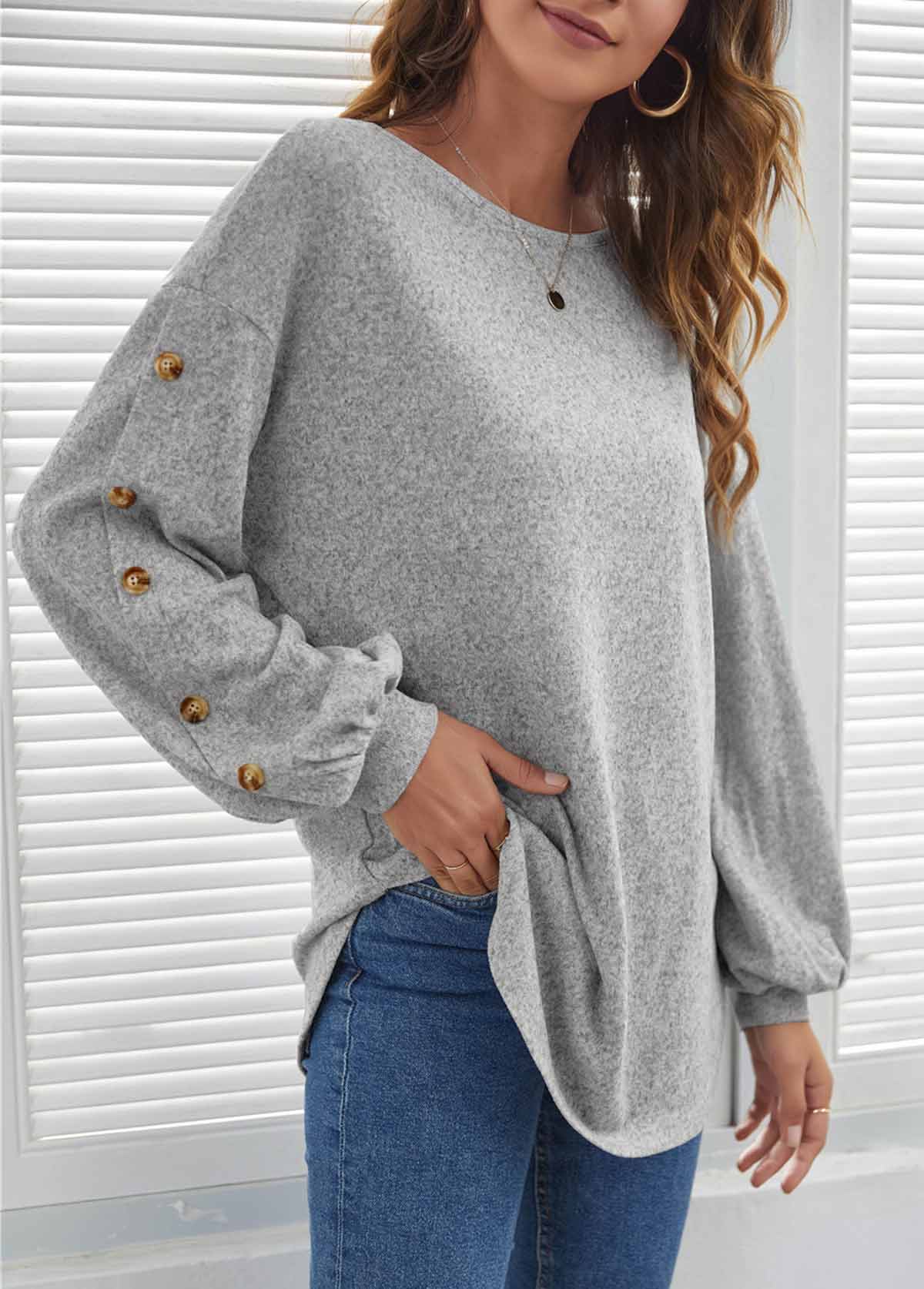 Light Grey tops,Plain Color tops,Decorative Button Light Grey Long Sleeve T Shirt