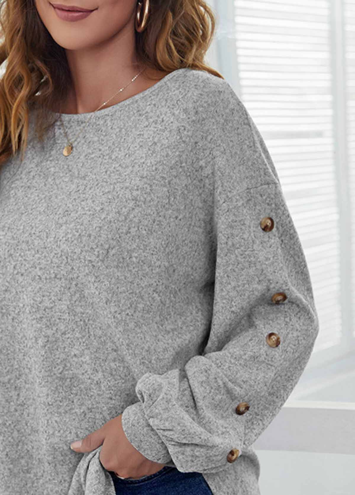 Light Grey tops,Plain Color tops,Decorative Button Light Grey Long Sleeve T Shirt