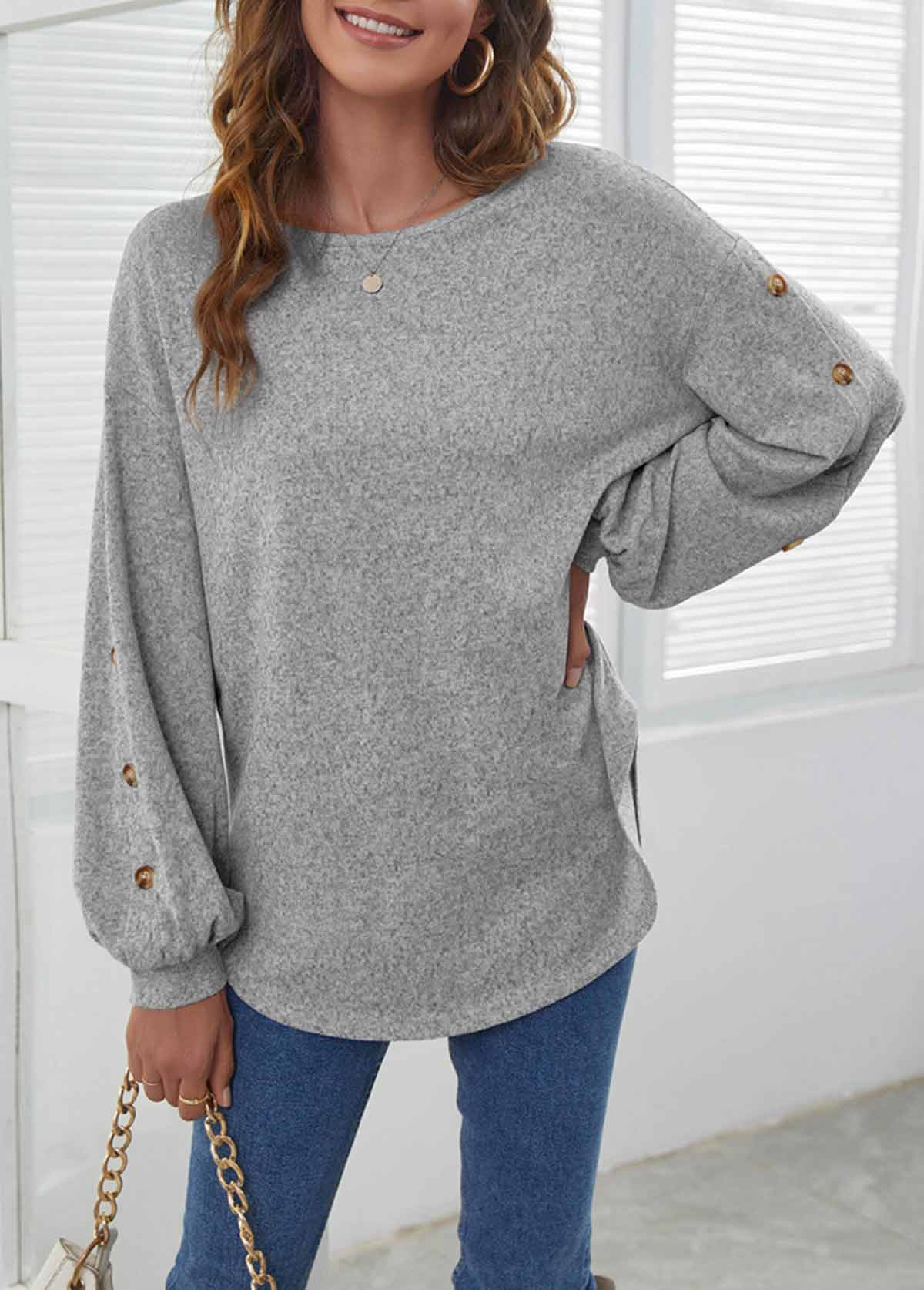 Light Grey tops,Plain Color tops,Decorative Button Light Grey Long Sleeve T Shirt