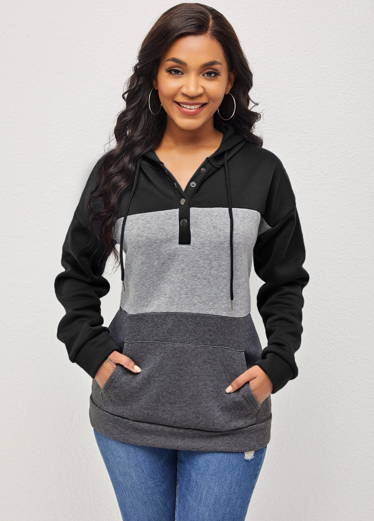 Black tops,Contrast Color tops,ROTITA Drawstring Black Kangaroo Pocket Long Sleeve Hoodie