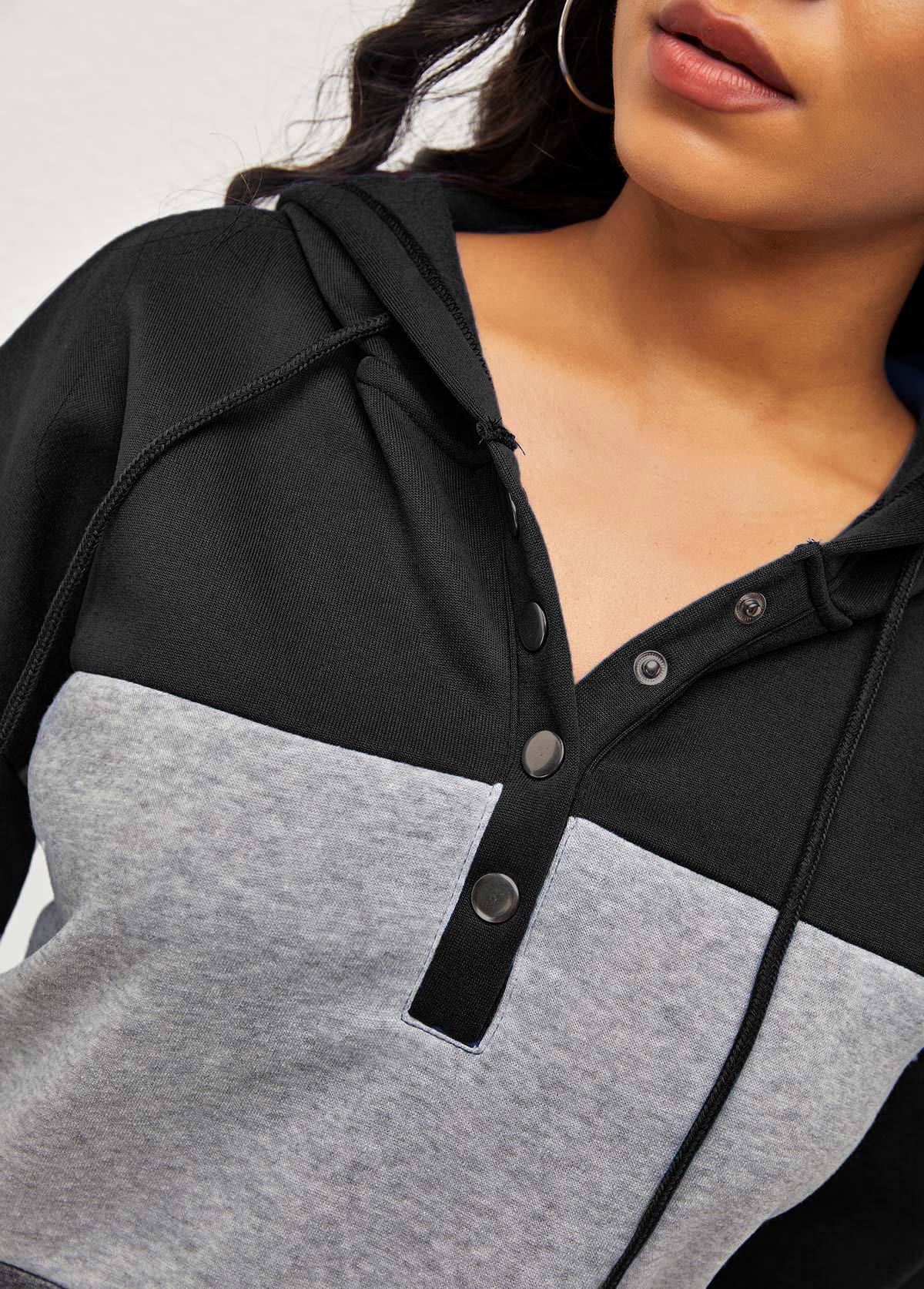 Black tops,Contrast Color tops,ROTITA Drawstring Black Kangaroo Pocket Long Sleeve Hoodie