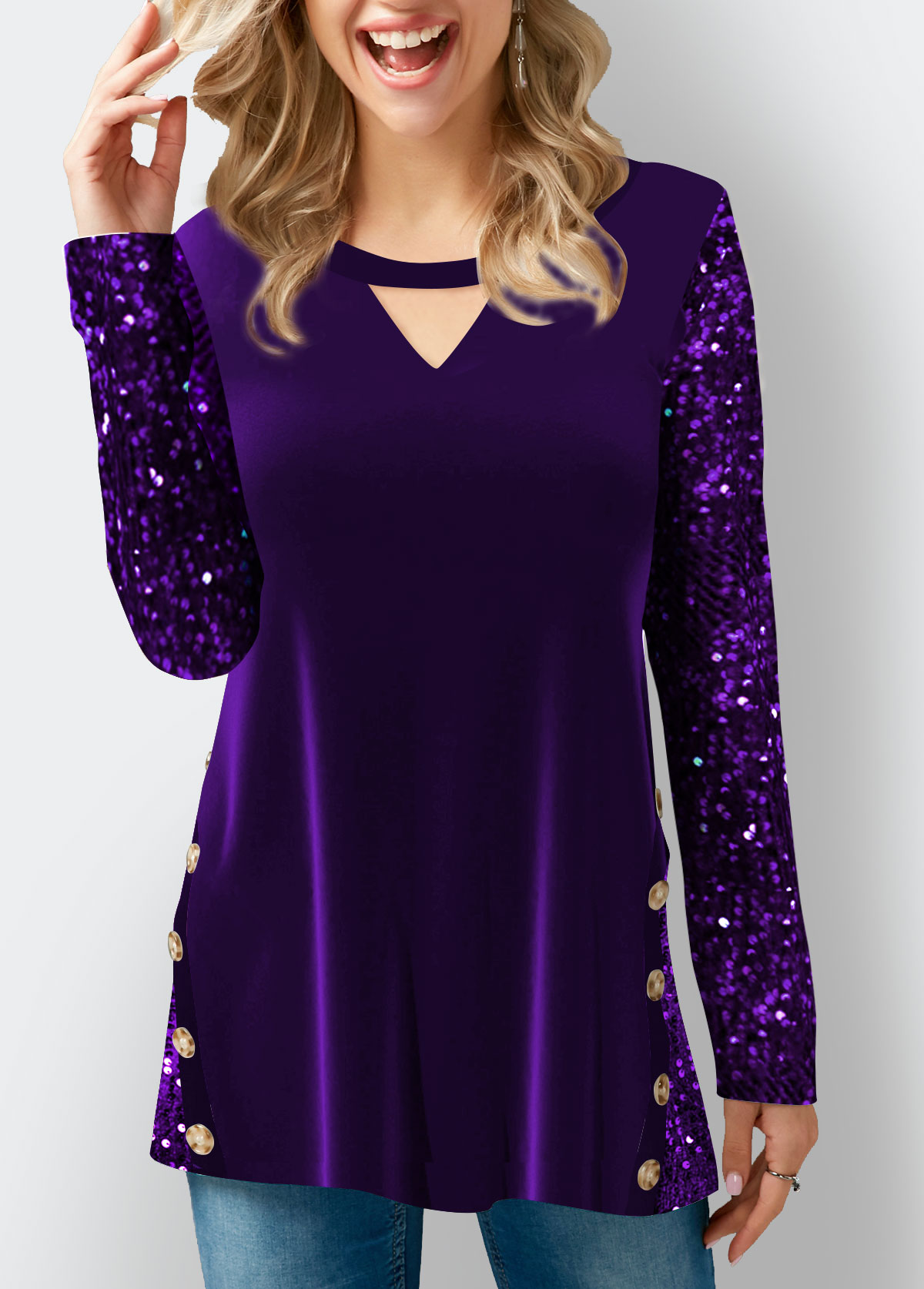 ROTITA Velvet Stitching Purple Sequin Decorative Button T Shirt