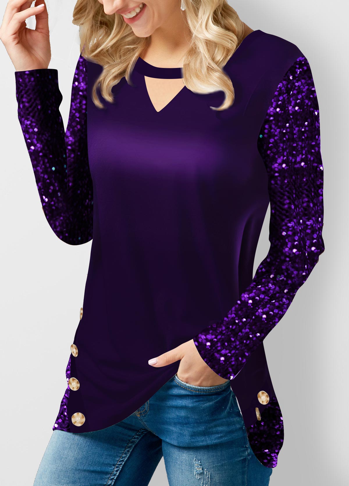 Purple tops,Plain Color tops,ROTITA Velvet Stitching Purple Sequin Decorative Button T Shirt