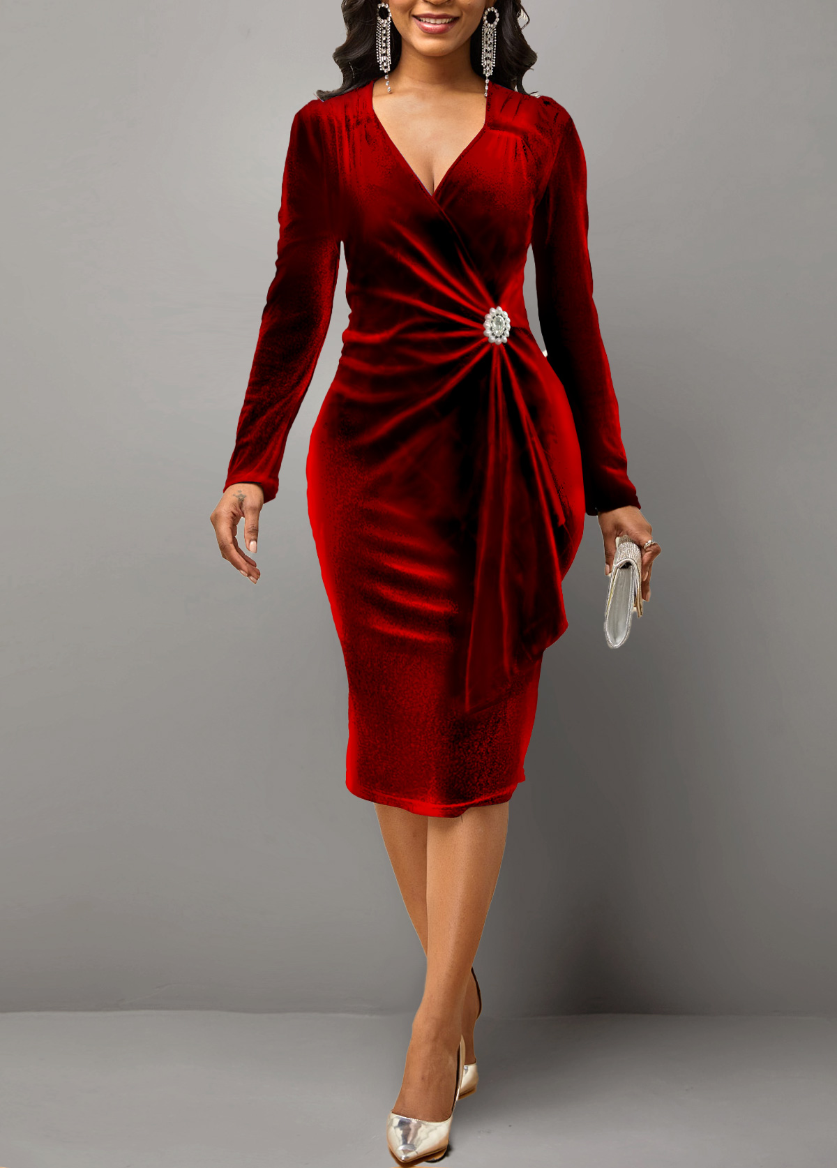 ROTITA Red Velvet Stitching Long Sleeve Dress