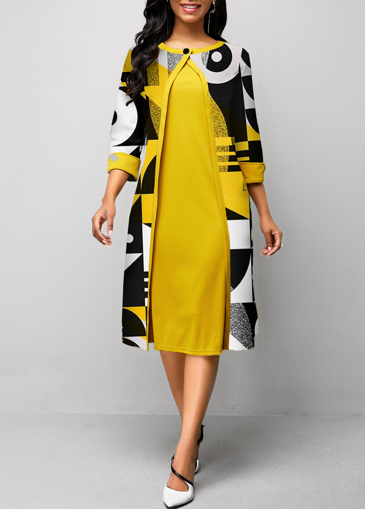 ROTITA Yellow 3/4 Sleeve Geometric Print Dress