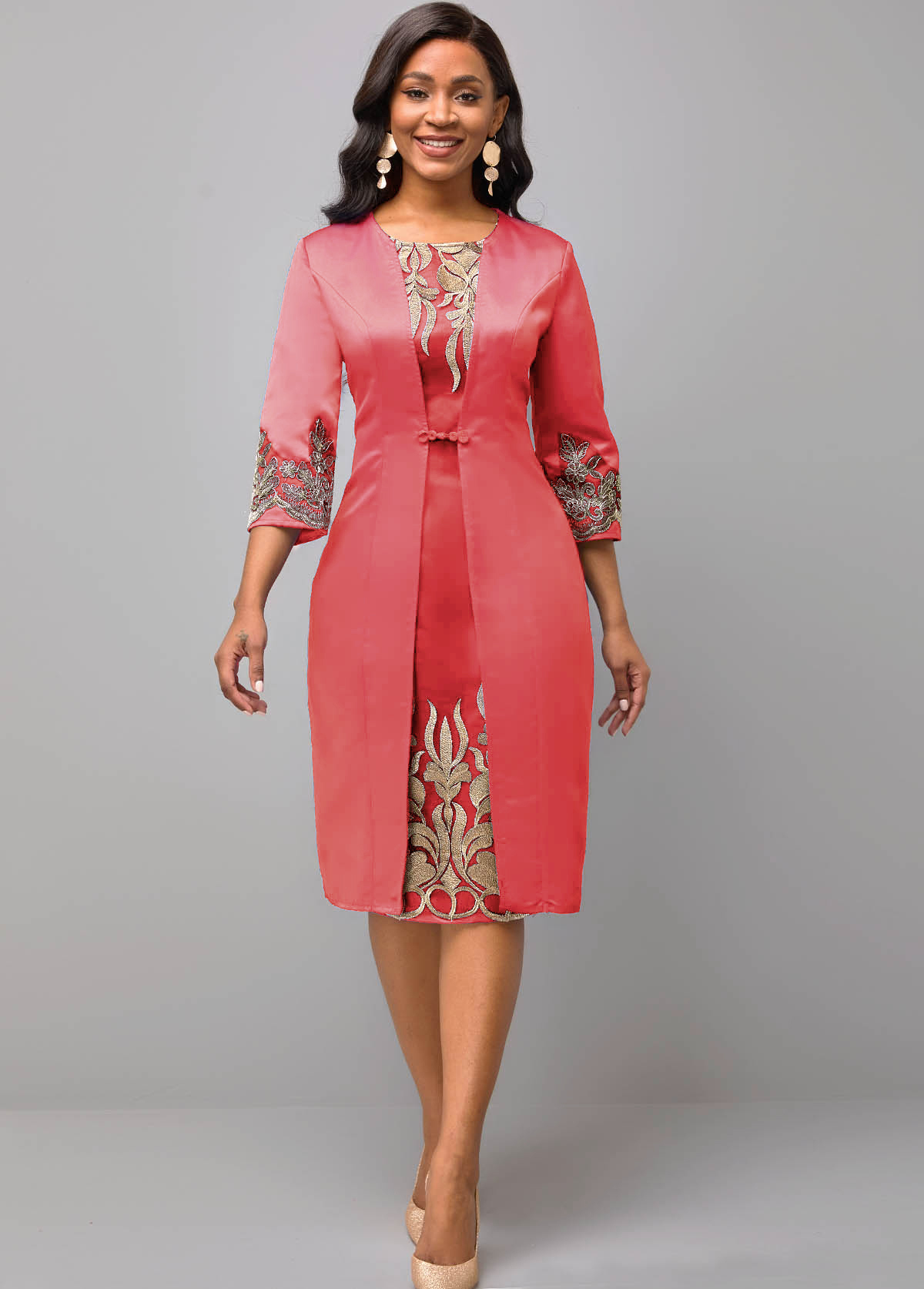 ROTITA Lace Patchwork Round Neck Pink 3/4 Sleeve Dress