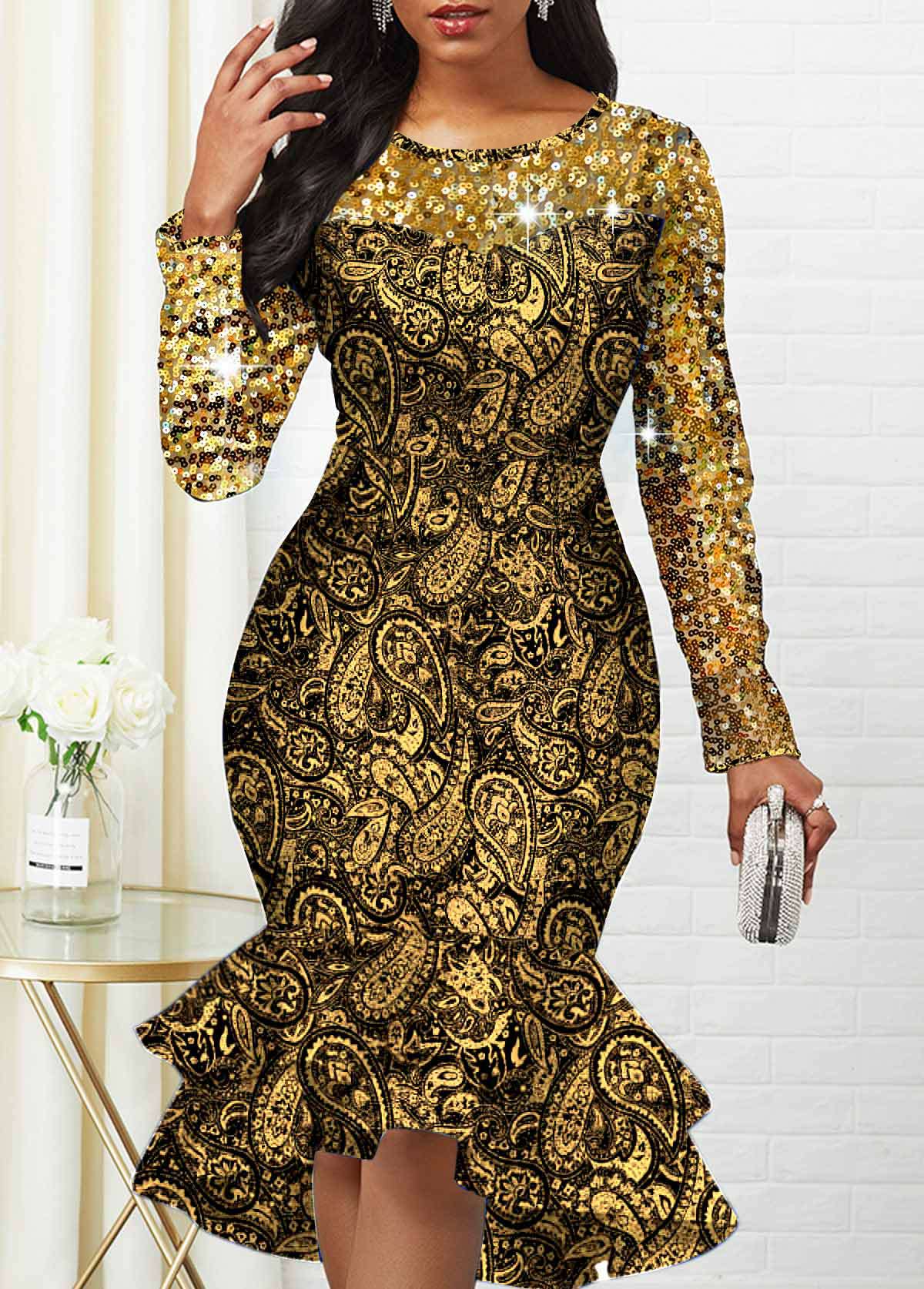 ROTITA Paisley Print Gold Hot Stamping Sequin Mermaid Dress