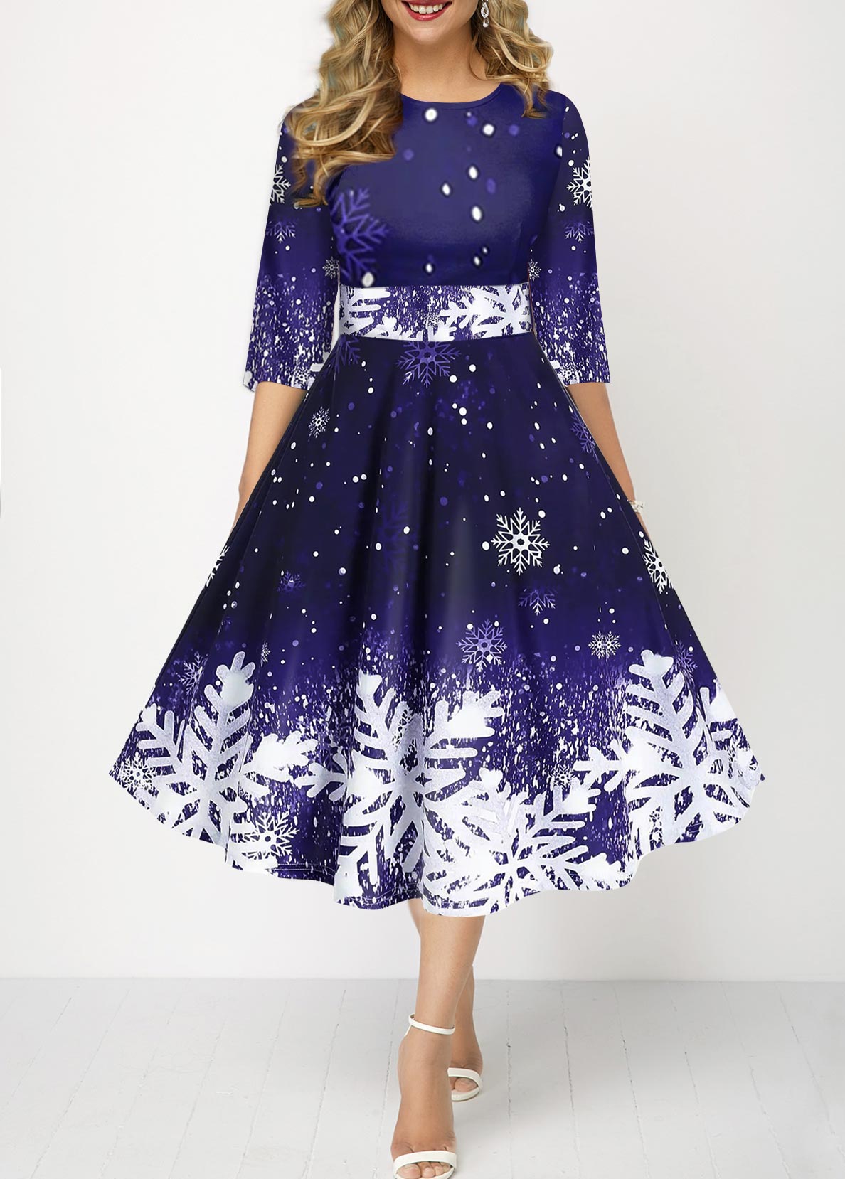ROTITA Christmas Snowflake Print Navy Blue Round Neck Dress