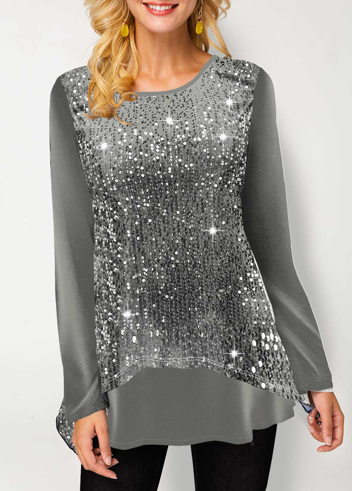 ROTITA Velvet Stitching Sequin Light Grey Sweatshirt | Rotita.com - USD ...