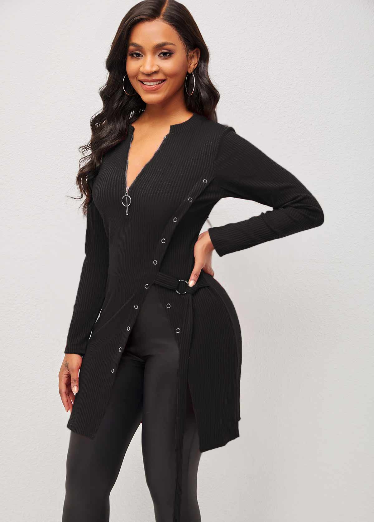 Black tops,Quarter Zip Black Grommet Side Slit Blouse