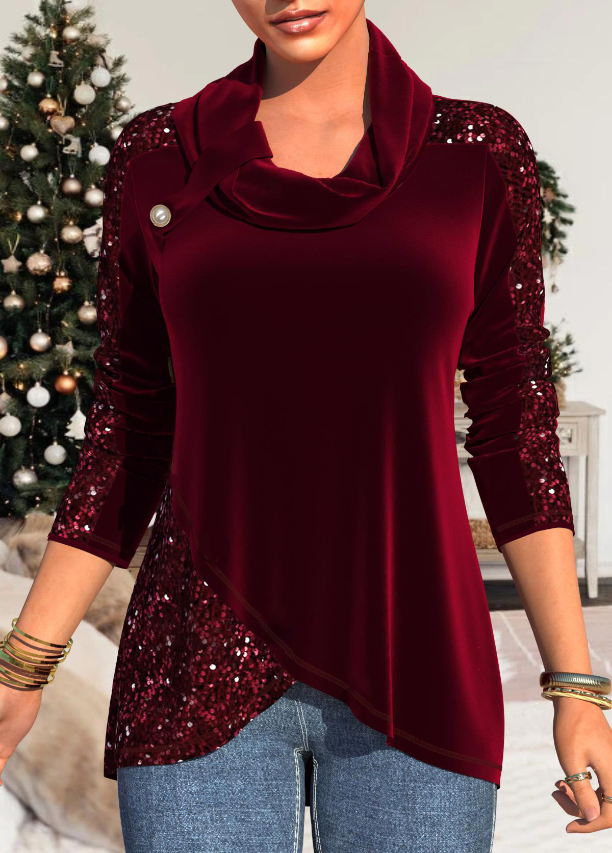 ROTITA Wine Red Velvet Stitching Sequin Sweatshirt