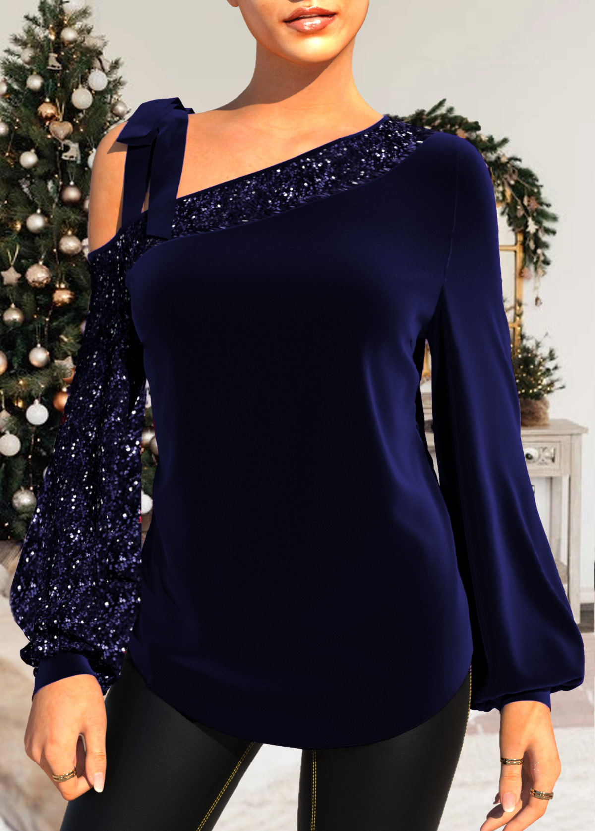 ROTITA Navy Blue Tie Shoulder Velvet Stitching Sequin T Shirt